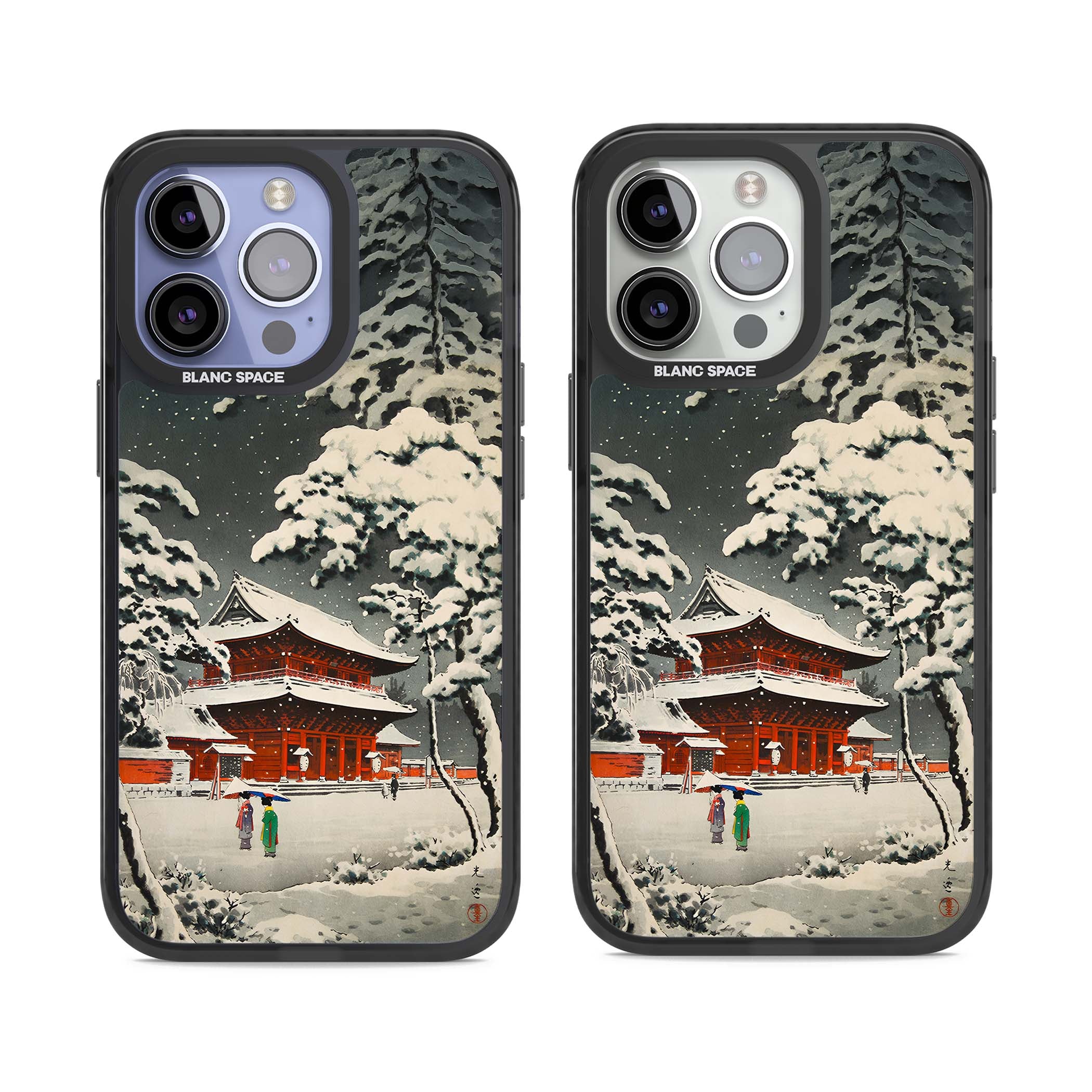 Snow at Shiha Park, Tokyo Japanese art iPhone case featuring a vintage ukiyo-e snowy temple, red pagoda, and snow-covered pin | Black Impact Magsafe case for iPhone 13 Pro, iPhone 14 Pro, iPhone 15 Pro
