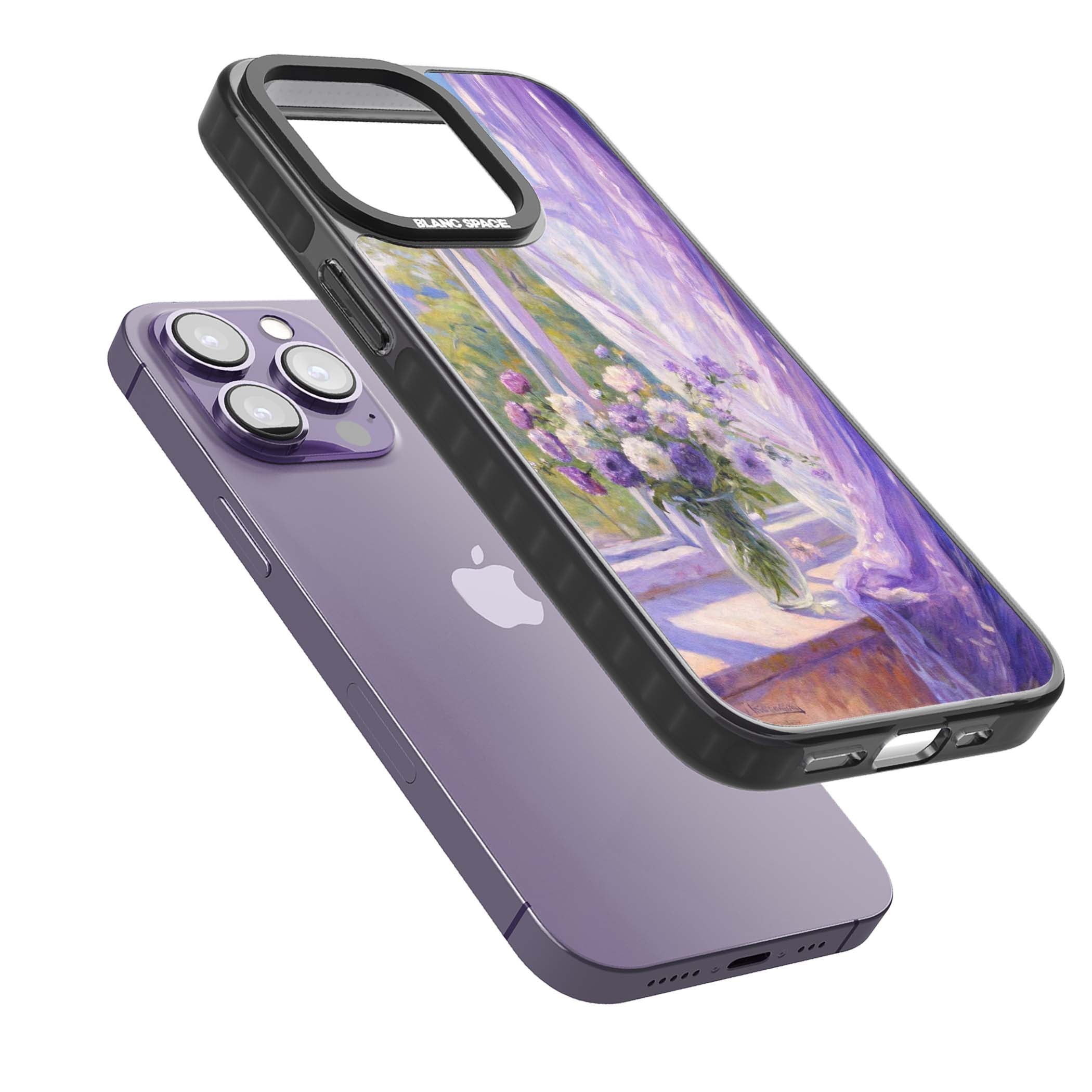 A Provence Morning impressionist art iPhone case featuring a vase of purple flowers, sunlit window and sheer curt | Black Impact Magsafe case for iPhone 13 Pro, iPhone 14 Pro, iPhone 15 Pro