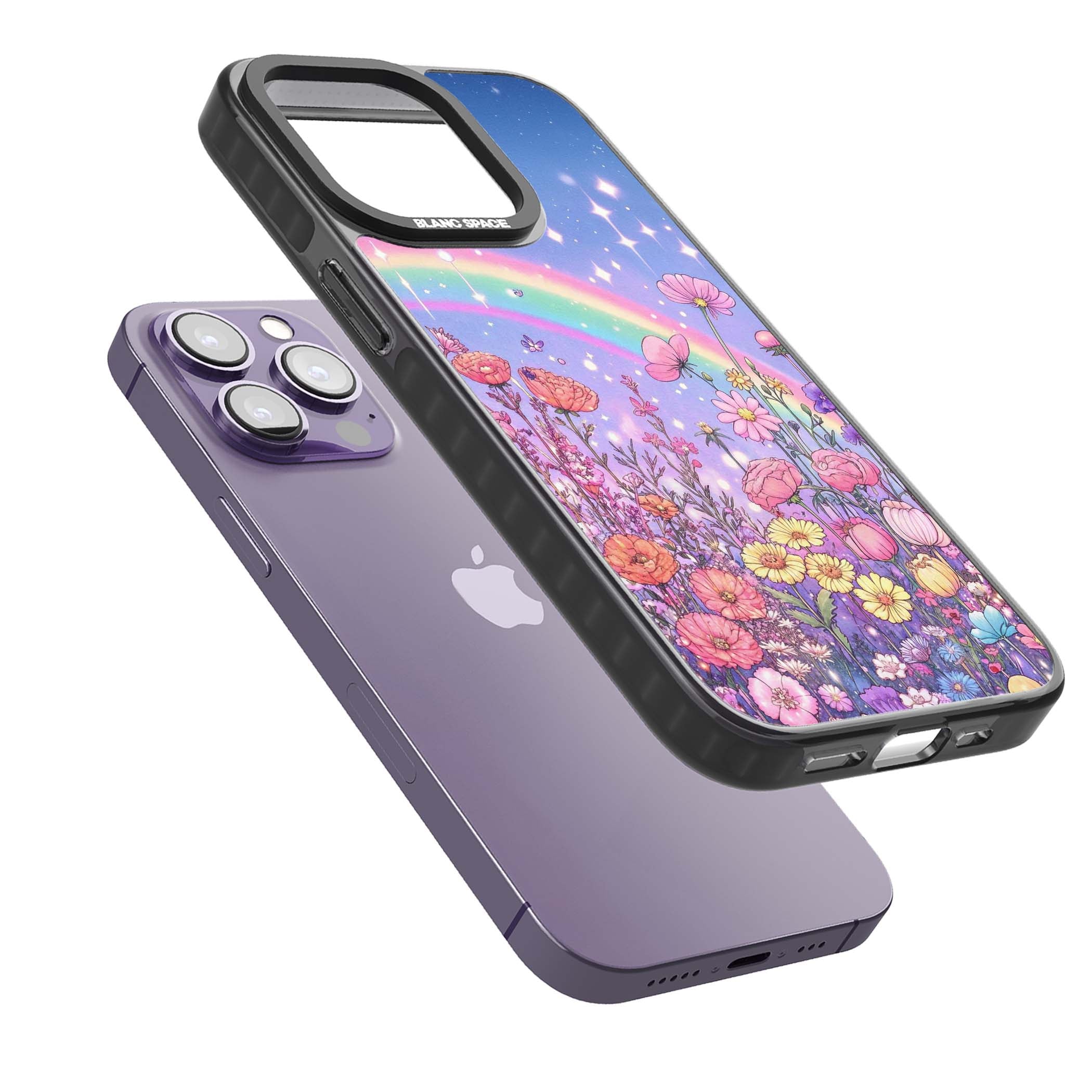 Magical Meadow fairycore iPhone case featuring a pastel rainbow, sparkling stars and a wildflower meadow | Black Impact Magsafe case for iPhone 13 Pro, iPhone 14 Pro, iPhone 15 Pro