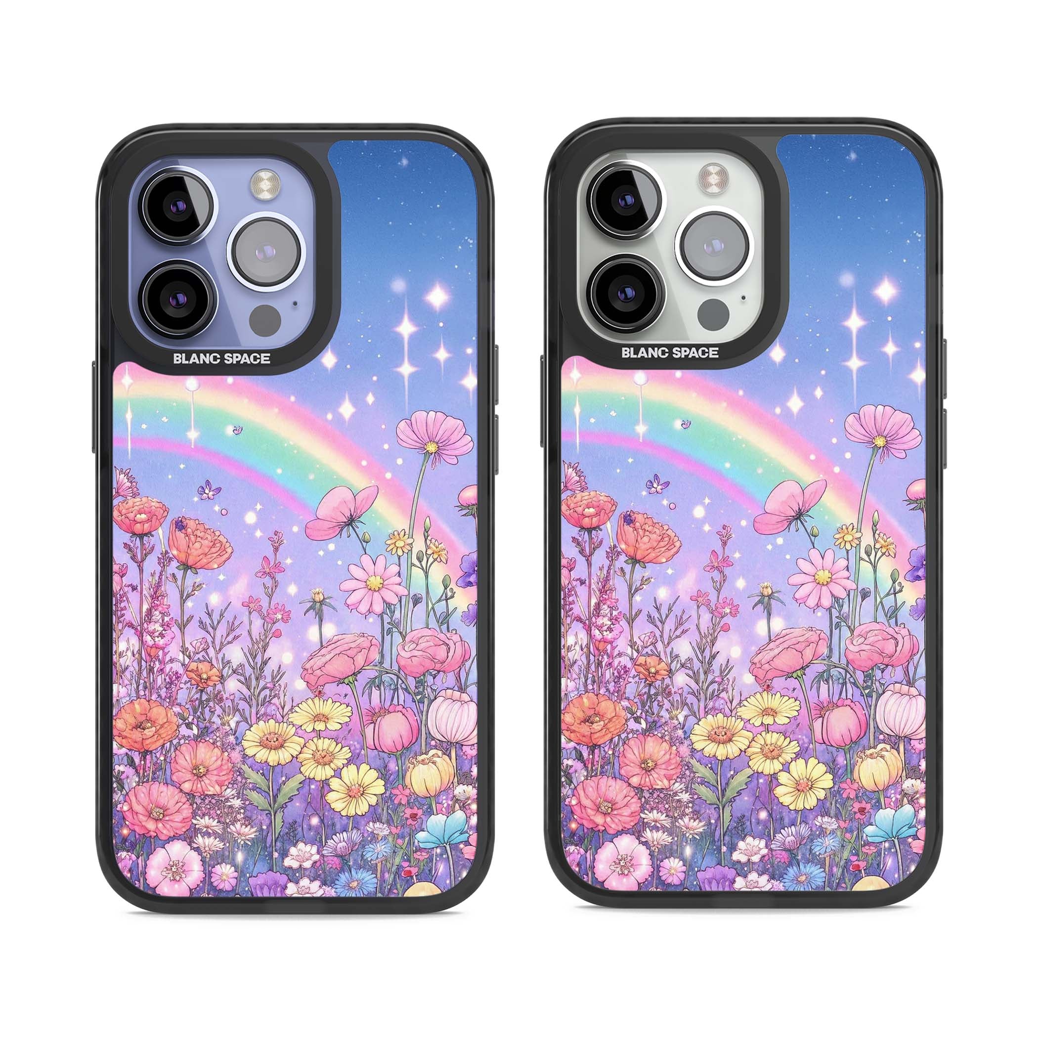 Magical Meadow fairycore iPhone case featuring a pastel rainbow, sparkling stars and a wildflower meadow | Black Impact Magsafe case for iPhone 13 Pro, iPhone 14 Pro, iPhone 15 Pro