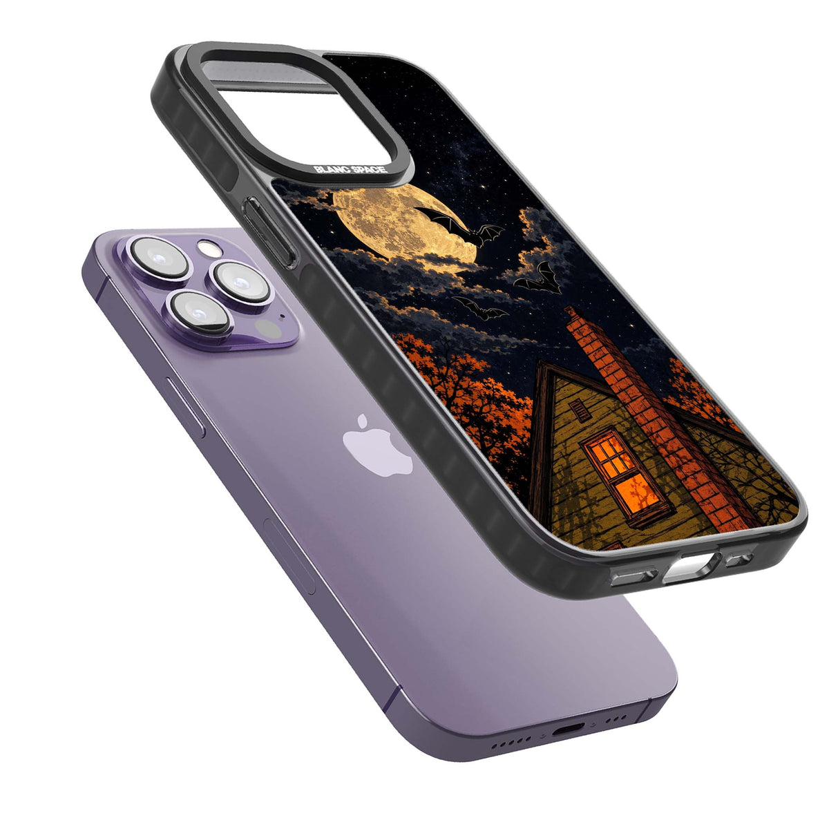 Hollows Eve Halloween iPhone case featuring a haunted house, full moon and flying bats against a starry autumn sky | Black Impact Magsafe case for iPhone 13 Pro, iPhone 14 Pro, iPhone 15 Pro