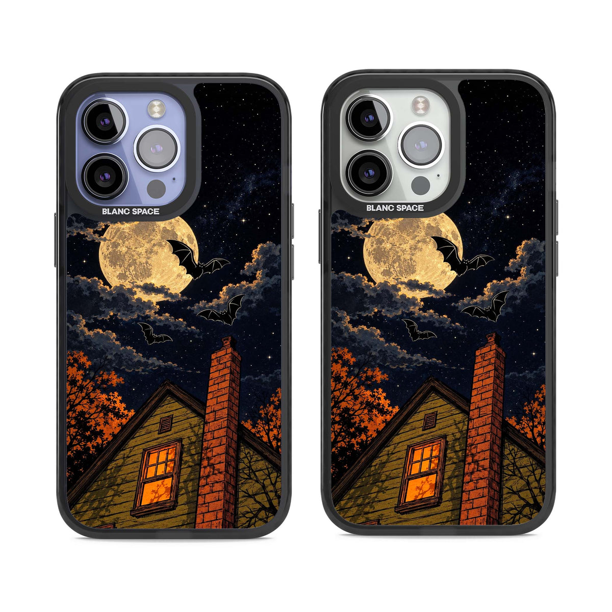 Hollows Eve Halloween iPhone case featuring a haunted house, full moon and flying bats against a starry autumn sky | Black Impact Magsafe case for iPhone 13 Pro, iPhone 14 Pro, iPhone 15 Pro