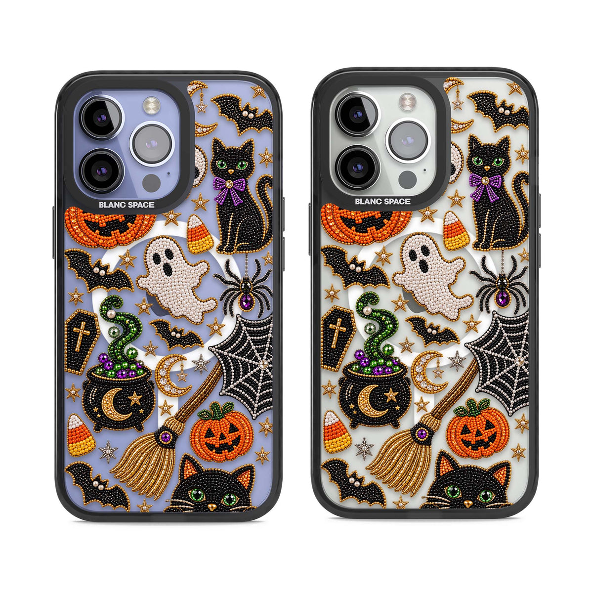 Beaded Halloween Halloween iPhone case featuring beaded pumpkins, ghosts, black cats and bats | Black Impact Magsafe case for iPhone 13 Pro, iPhone 14 Pro, iPhone 15 Pro