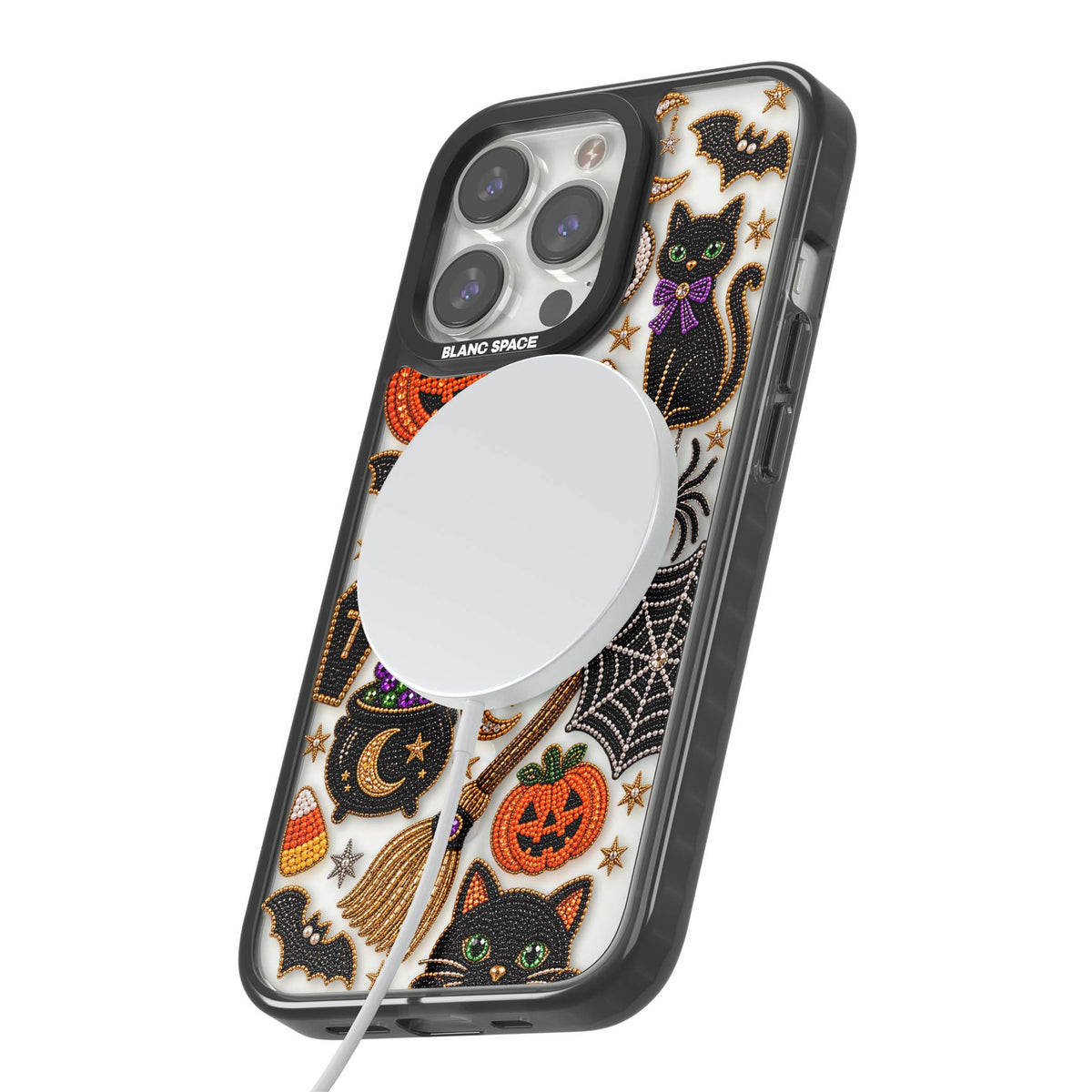 Beaded Halloween Halloween iPhone case featuring beaded pumpkins, ghosts, black cats and bats | Black Impact Magsafe case for iPhone 13 Pro, iPhone 14 Pro, iPhone 15 Pro