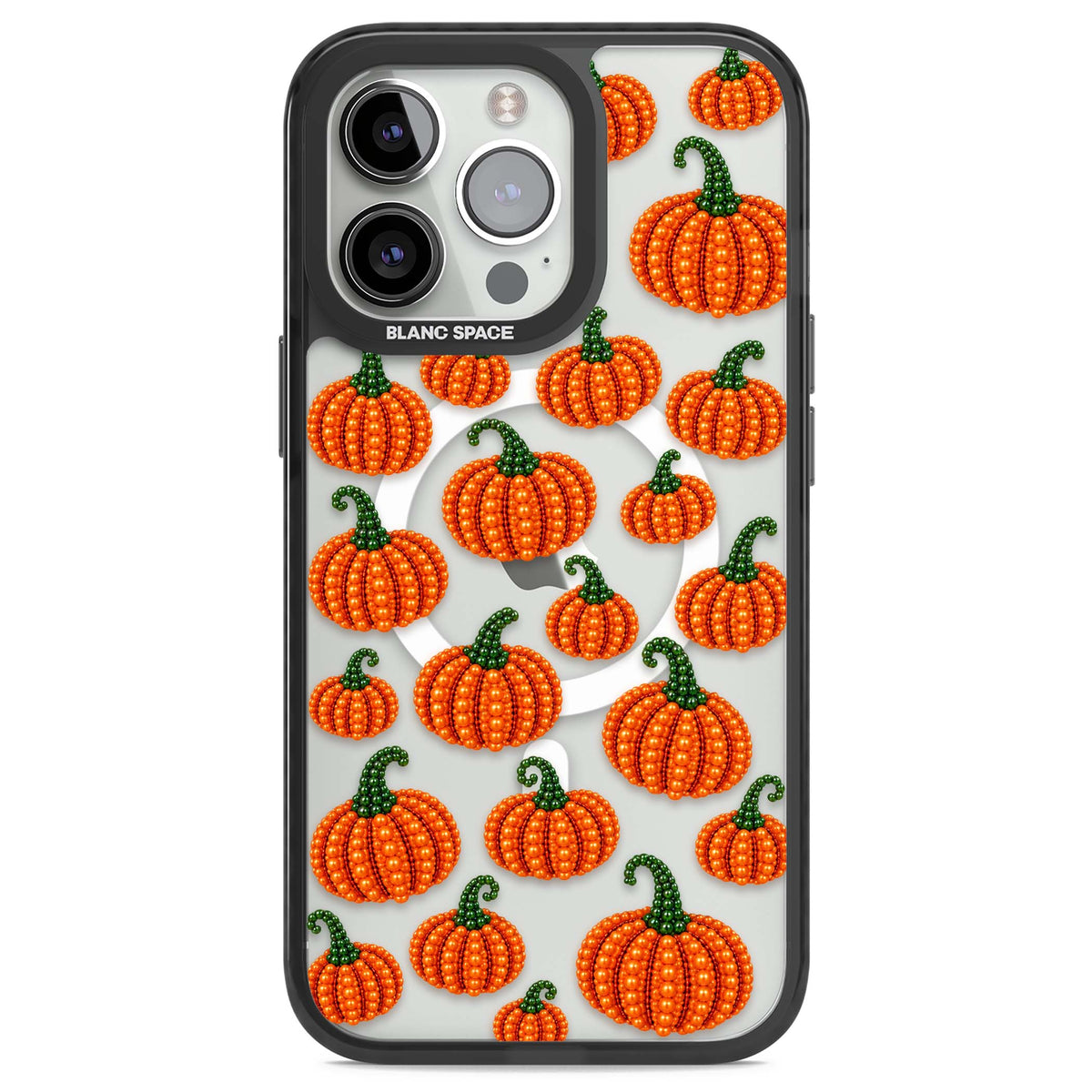 Beaded Pumpkins halloween iPhone case featuring beaded orange pumpkins with green stems on a clear background | Black Impact Magsafe case for iPhone 13 Pro, iPhone 14 Pro, iPhone 15 Pro