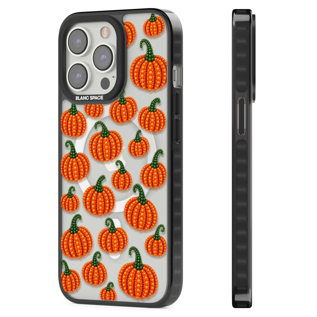 Beaded Pumpkins halloween iPhone case featuring beaded orange pumpkins with green stems on a clear background | Black Impact Magsafe case for iPhone 13 Pro, iPhone 14 Pro, iPhone 15 Pro