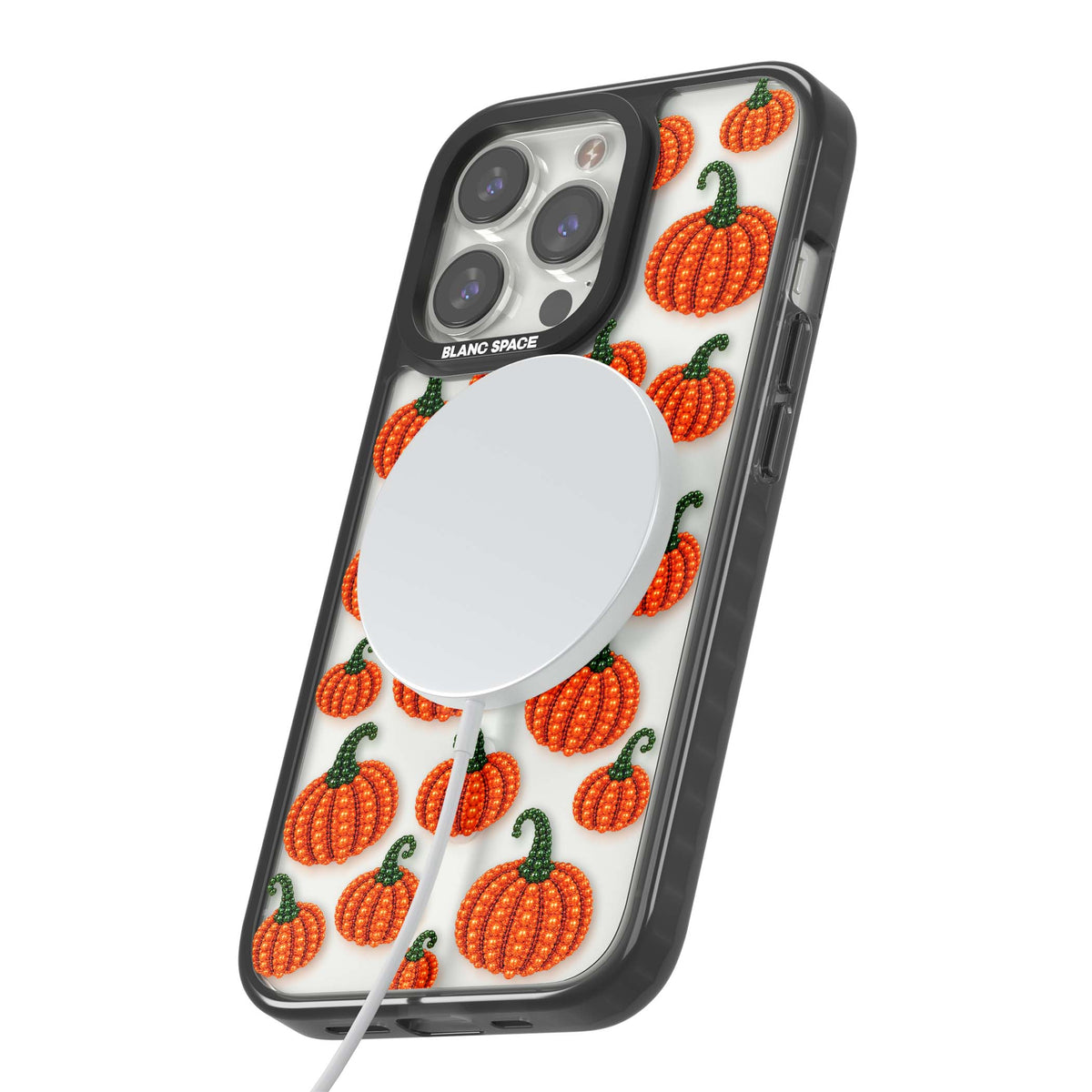 Beaded Pumpkins halloween iPhone case featuring beaded orange pumpkins with green stems on a clear background | Black Impact Magsafe case for iPhone 13 Pro, iPhone 14 Pro, iPhone 15 Pro