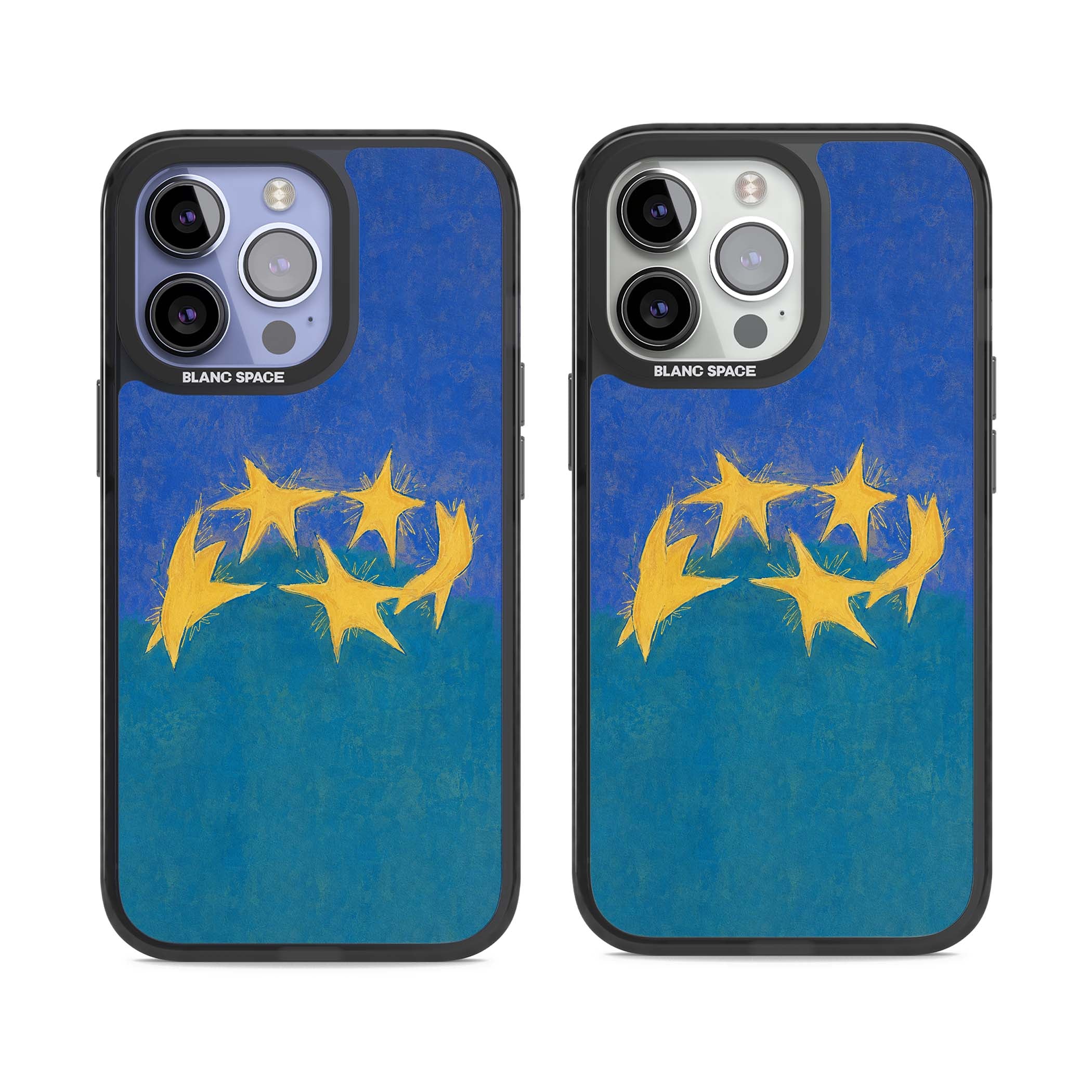 Star Boogie stars aesthetic iPhone case featuring five yellow hand-painted stars on cobalt blue and teal | Black Impact Magsafe case for iPhone 13 Pro, iPhone 14 Pro, iPhone 15 Pro