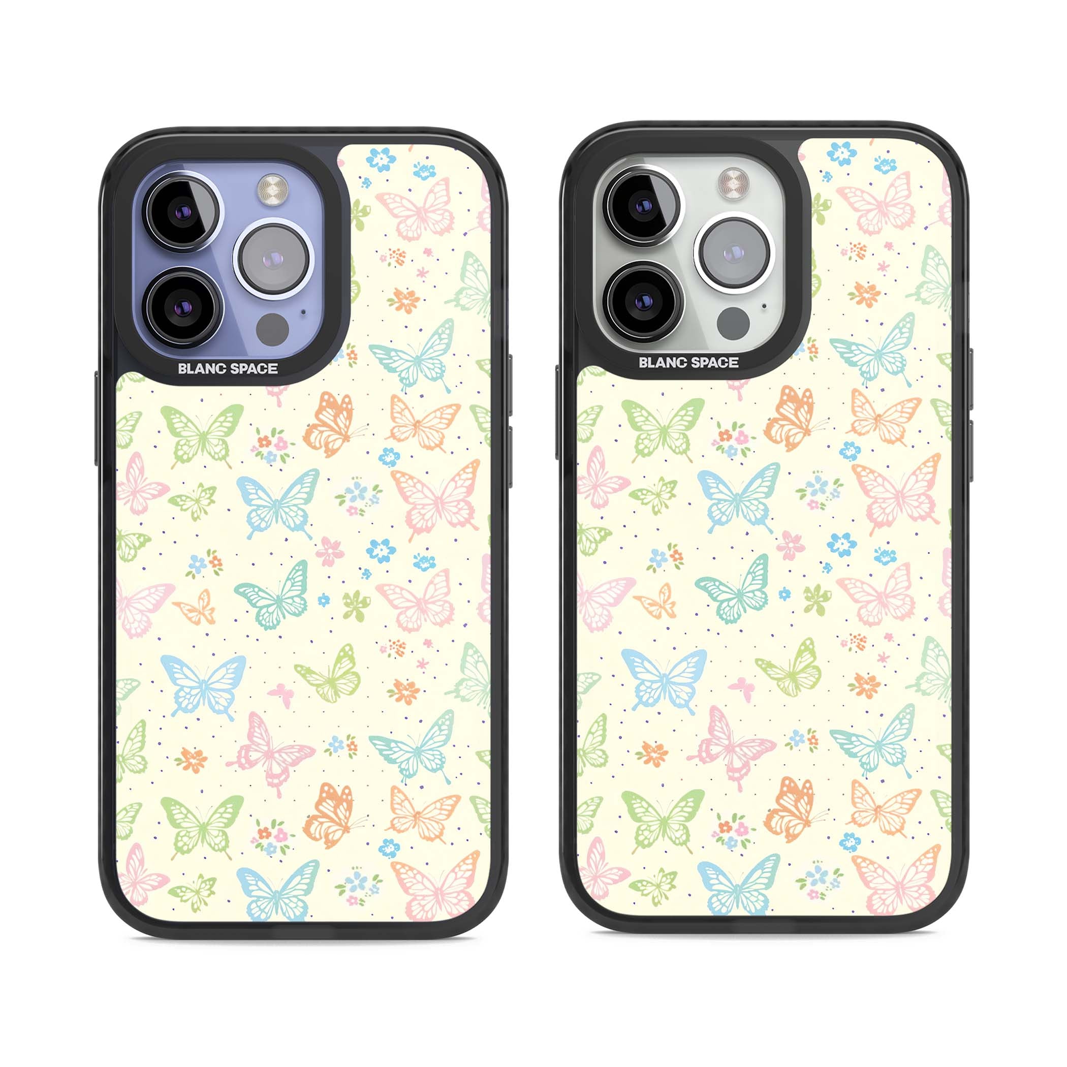 Sugar Wings cottagecore iPhone case featuring rainbow pastel butterflies, tiny wildflowers, and a cream background | Black Impact Magsafe case for iPhone 13 Pro, iPhone 14 Pro, iPhone 15 Pro