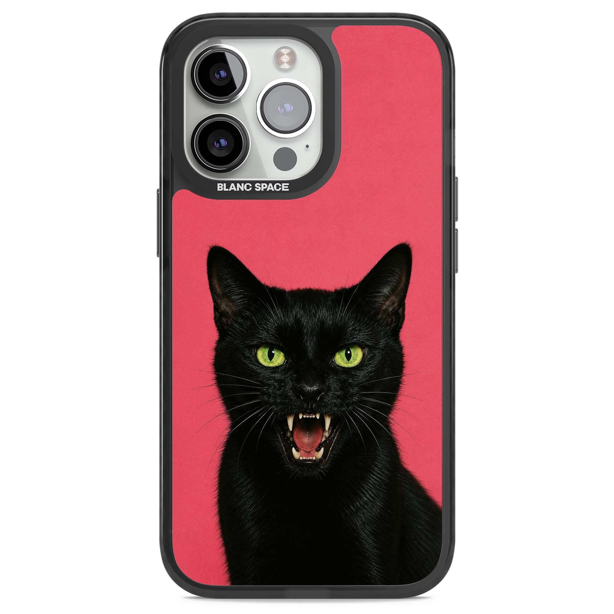 Hissin' Baddie black cat iPhone case featuring a hissing feline with green eyes on a hot pink background | Black Impact Magsafe case for iPhone 13 Pro, iPhone 14 Pro, iPhone 15 Pro