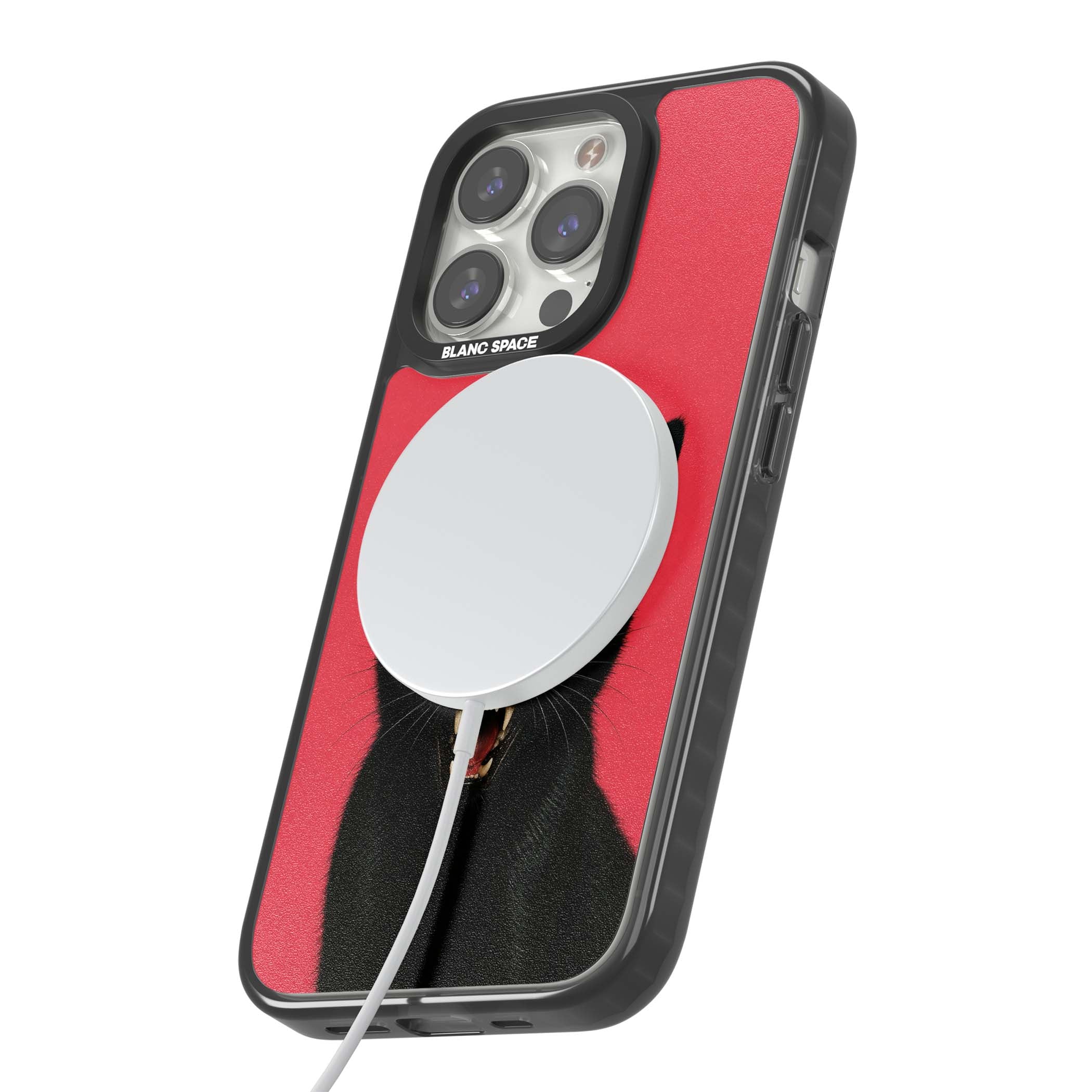 Hissin' Baddie black cat iPhone case featuring a hissing feline with green eyes on a hot pink background | Black Impact Magsafe case for iPhone 13 Pro, iPhone 14 Pro, iPhone 15 Pro