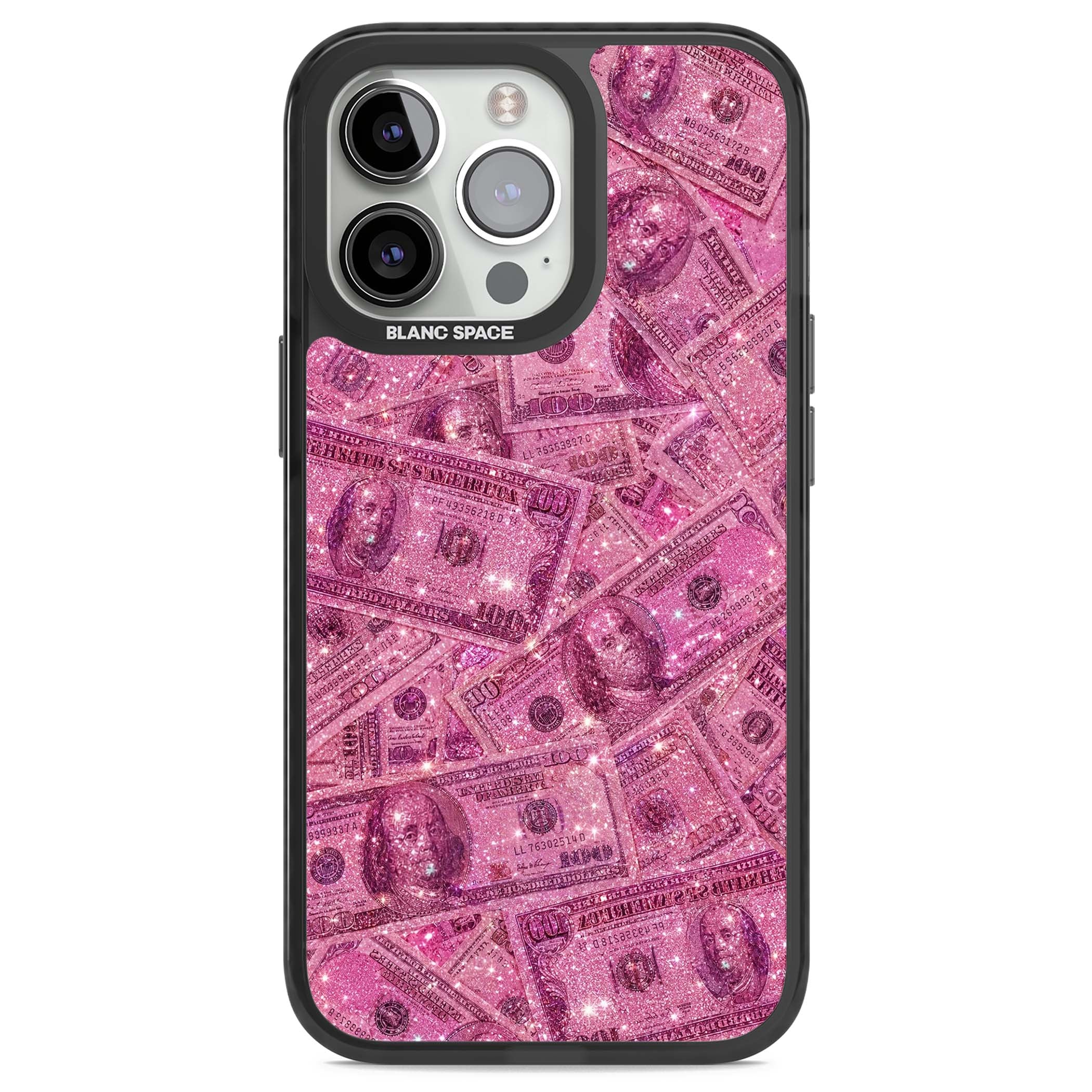 Glamorous baddie iPhone case featuring pink glitter hundred dollar bills and sparkling money wallpaper design | Black Impact Magsafe case for iPhone 13 Pro, iPhone 14 Pro, iPhone 15 Pro