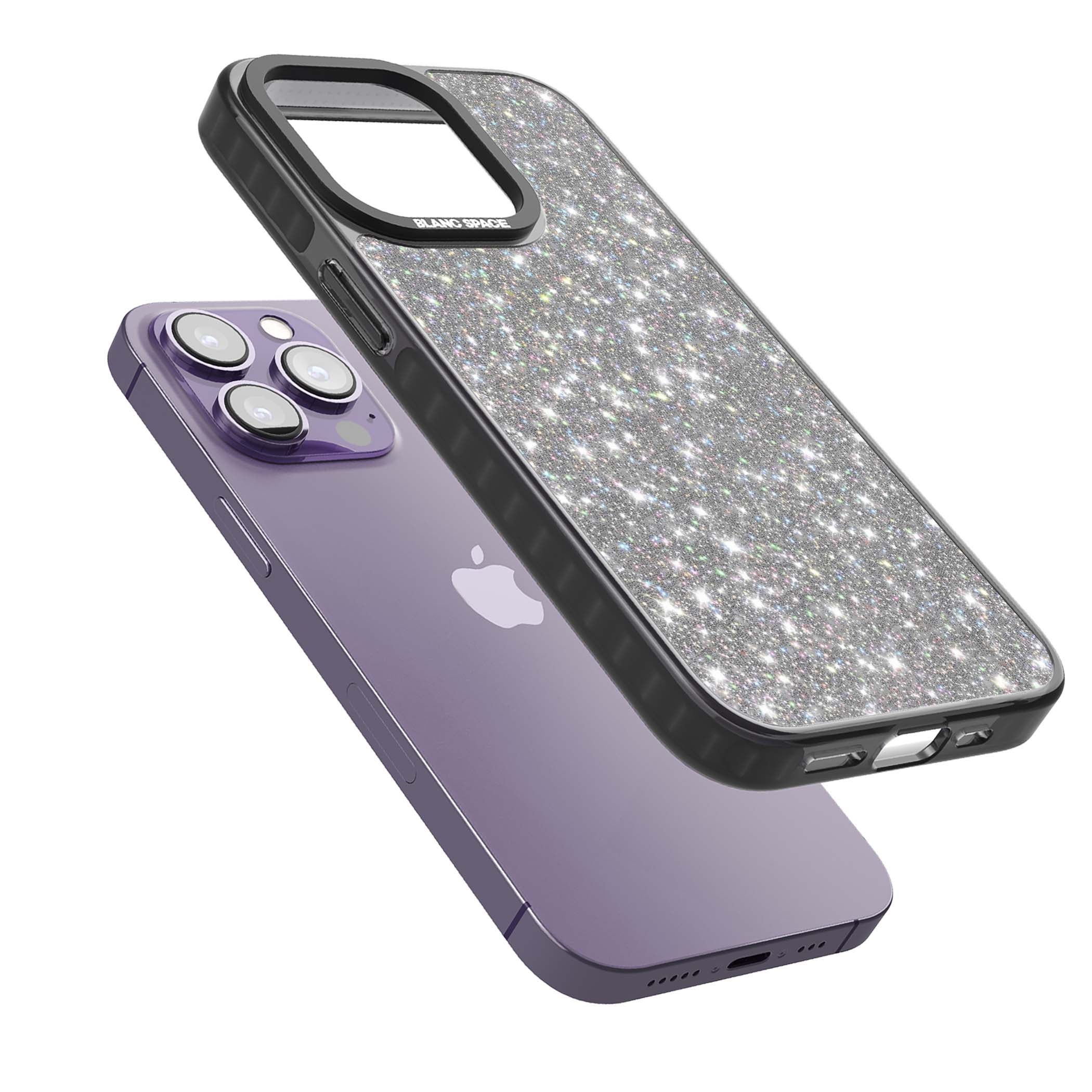 Diamond glam iPhone case featuring silver glitter sparkle and shimmering diamond dust effect | Black Impact Magsafe case for iPhone 13 Pro, iPhone 14 Pro, iPhone 15 Pro