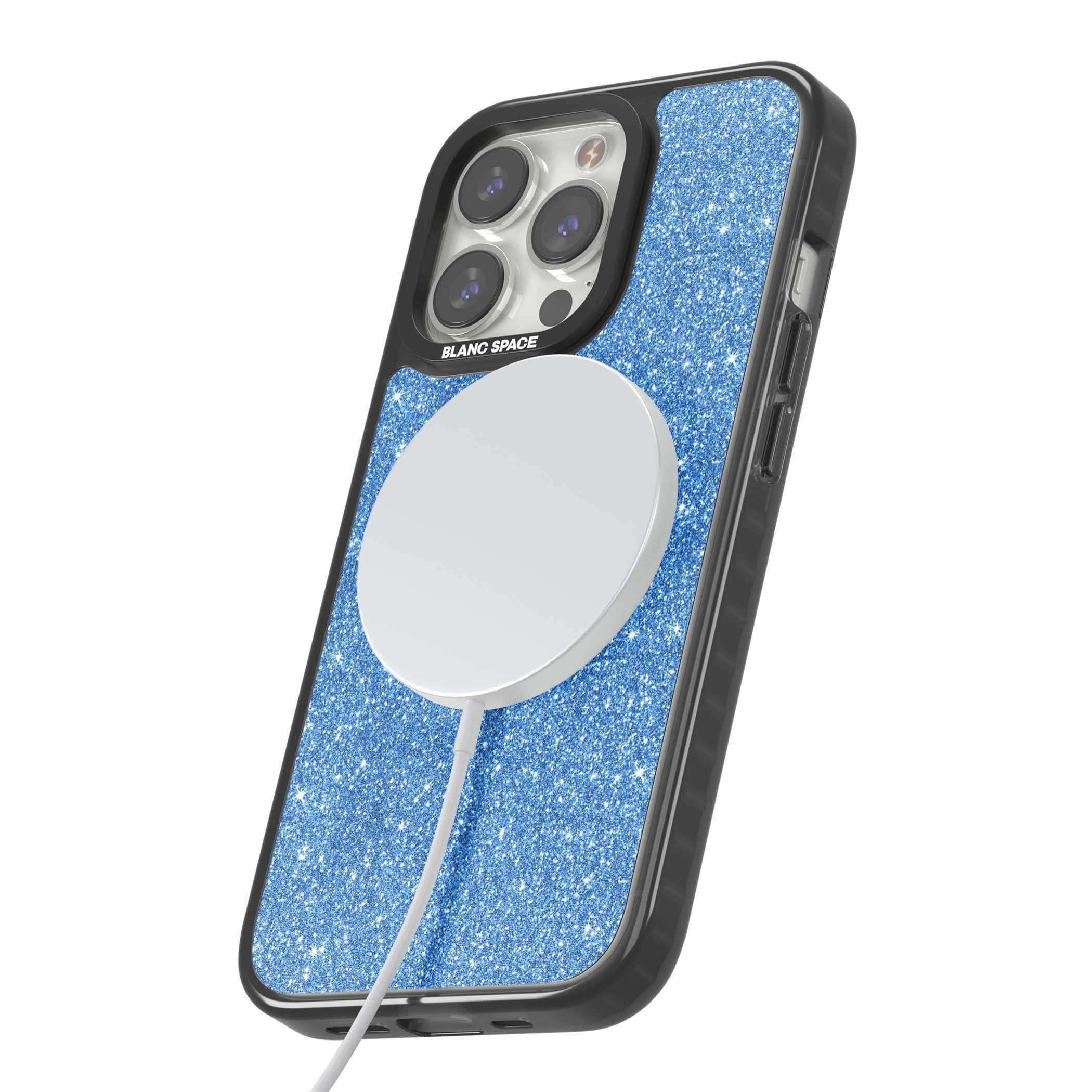 Blue Glitter blue glitter iPhone case featuring dense sparkling cerulean glitter with a glamorous shimmering finish | Black Impact Magsafe case for iPhone 13 Pro, iPhone 14 Pro, iPhone 15 Pro