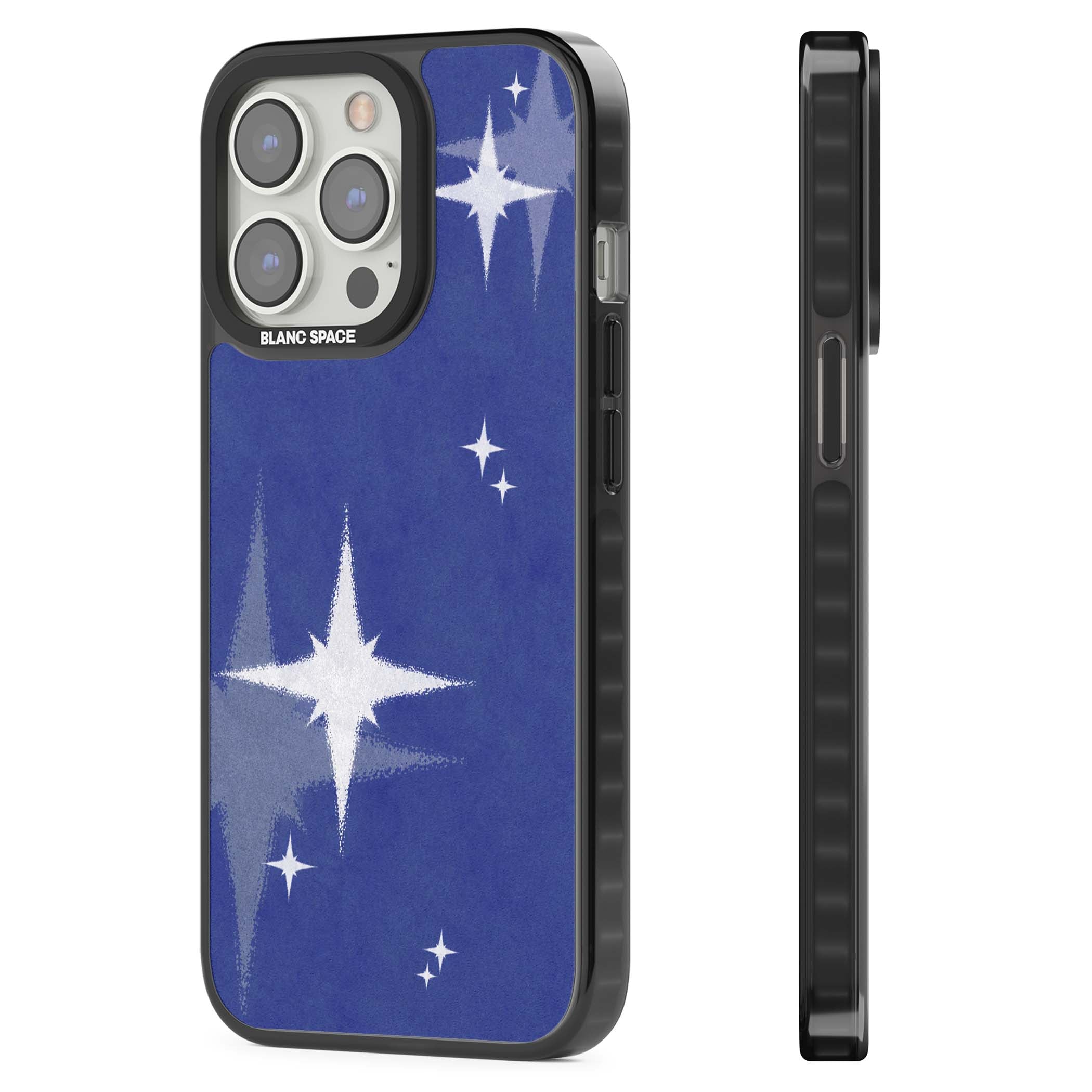 Blue Sparkle celestial iPhone case featuring sparkling silver stars on a deep blue painterly night sky | Black Impact Magsafe case for iPhone 13 Pro, iPhone 14 Pro, iPhone 15 Pro