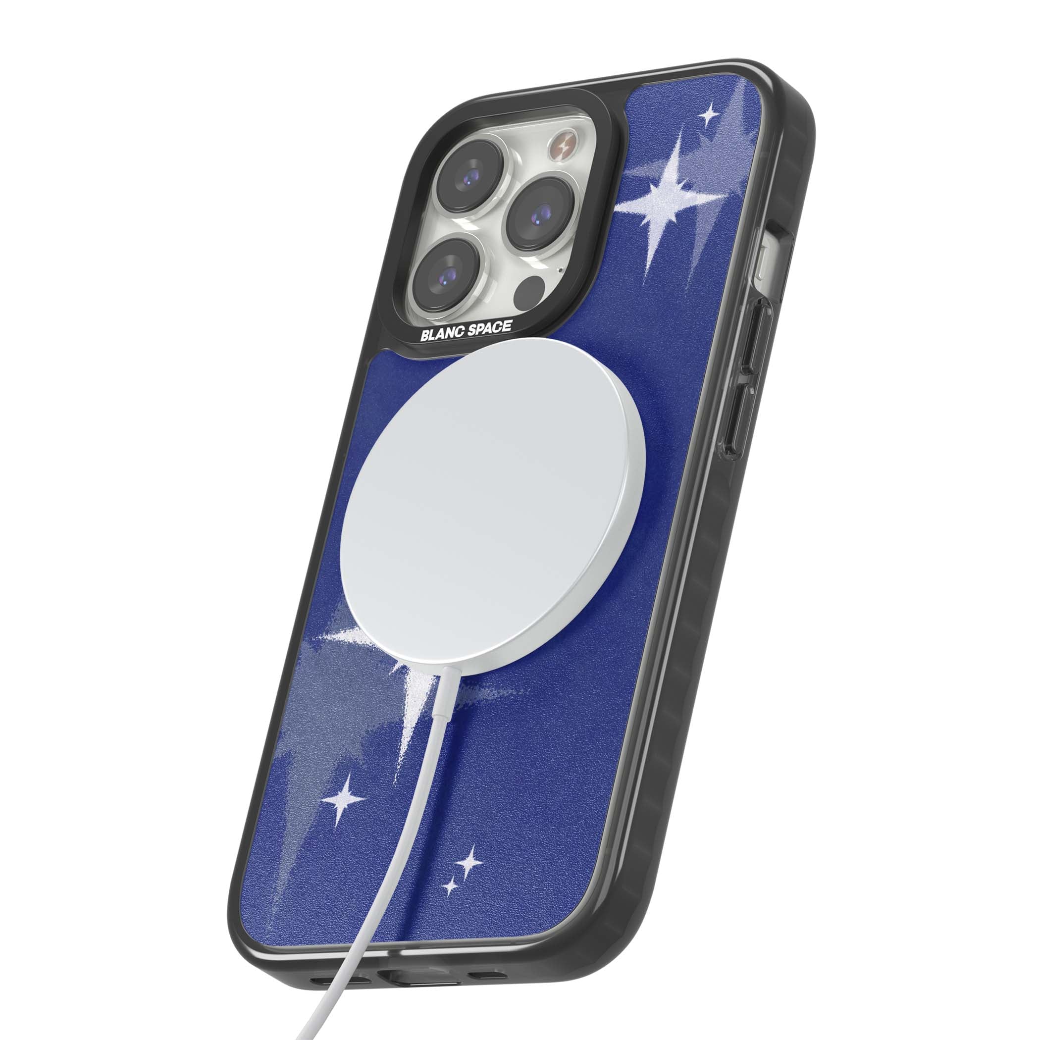 Blue Sparkle celestial iPhone case featuring sparkling silver stars on a deep blue painterly night sky | Black Impact Magsafe case for iPhone 13 Pro, iPhone 14 Pro, iPhone 15 Pro