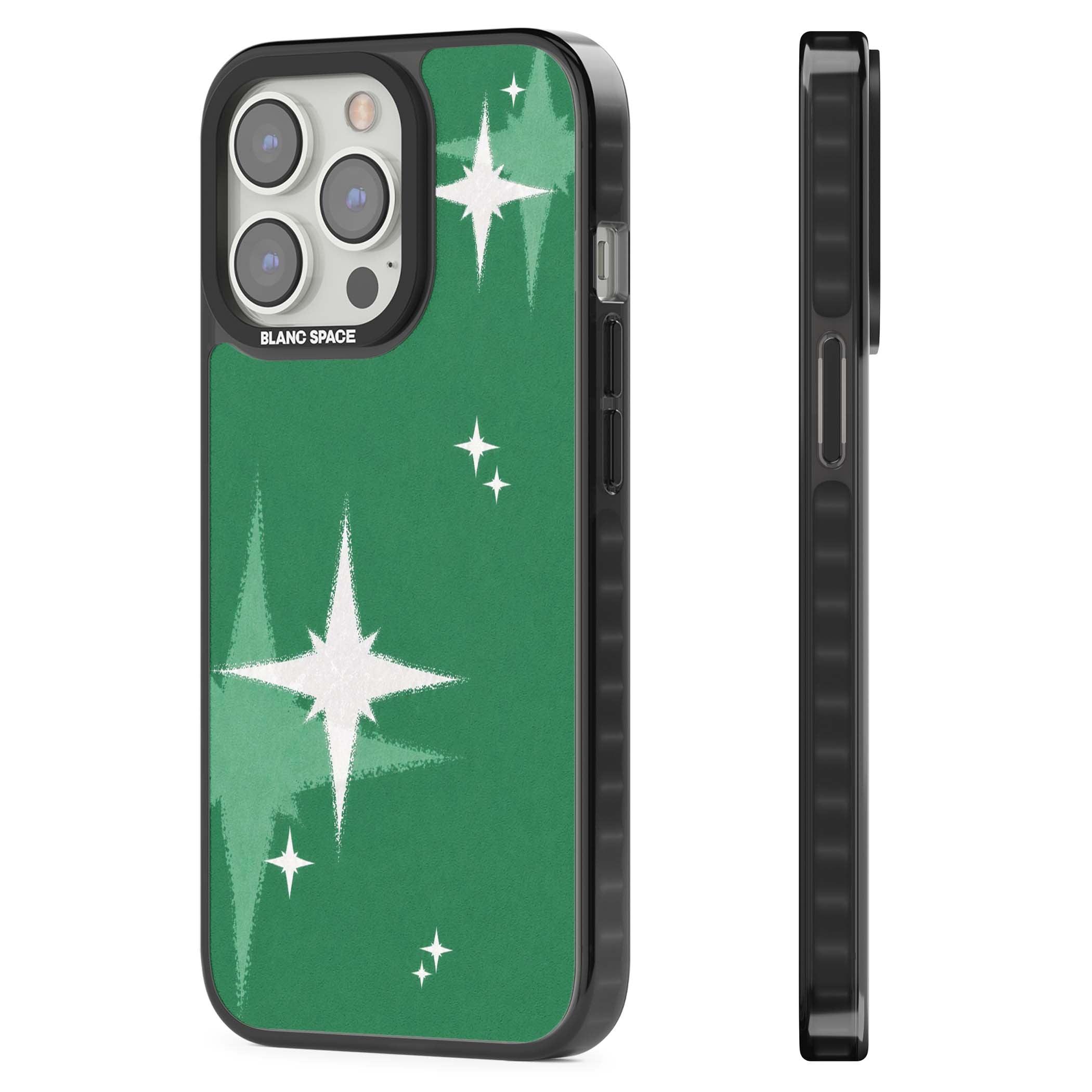 Green Sparkle celestial iPhone case featuring sparkling white four-point stars on a deep green background | Black Impact Magsafe case for iPhone 13 Pro, iPhone 14 Pro, iPhone 15 Pro