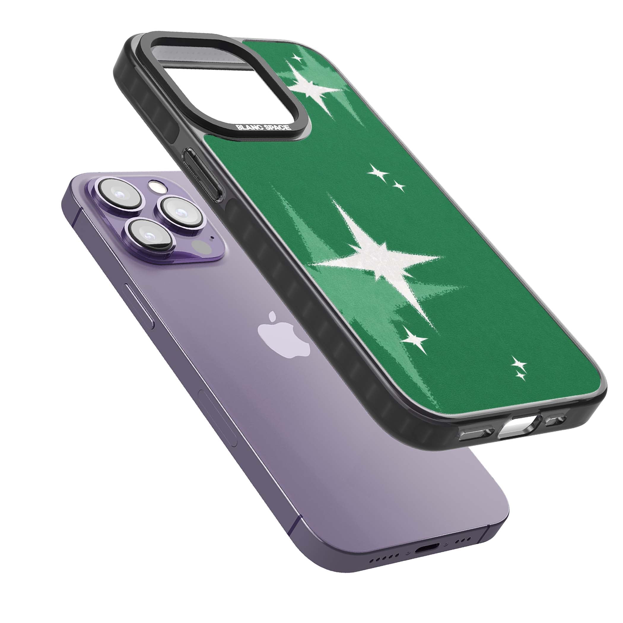 Green Sparkle celestial iPhone case featuring sparkling white four-point stars on a deep green background | Black Impact Magsafe case for iPhone 13 Pro, iPhone 14 Pro, iPhone 15 Pro
