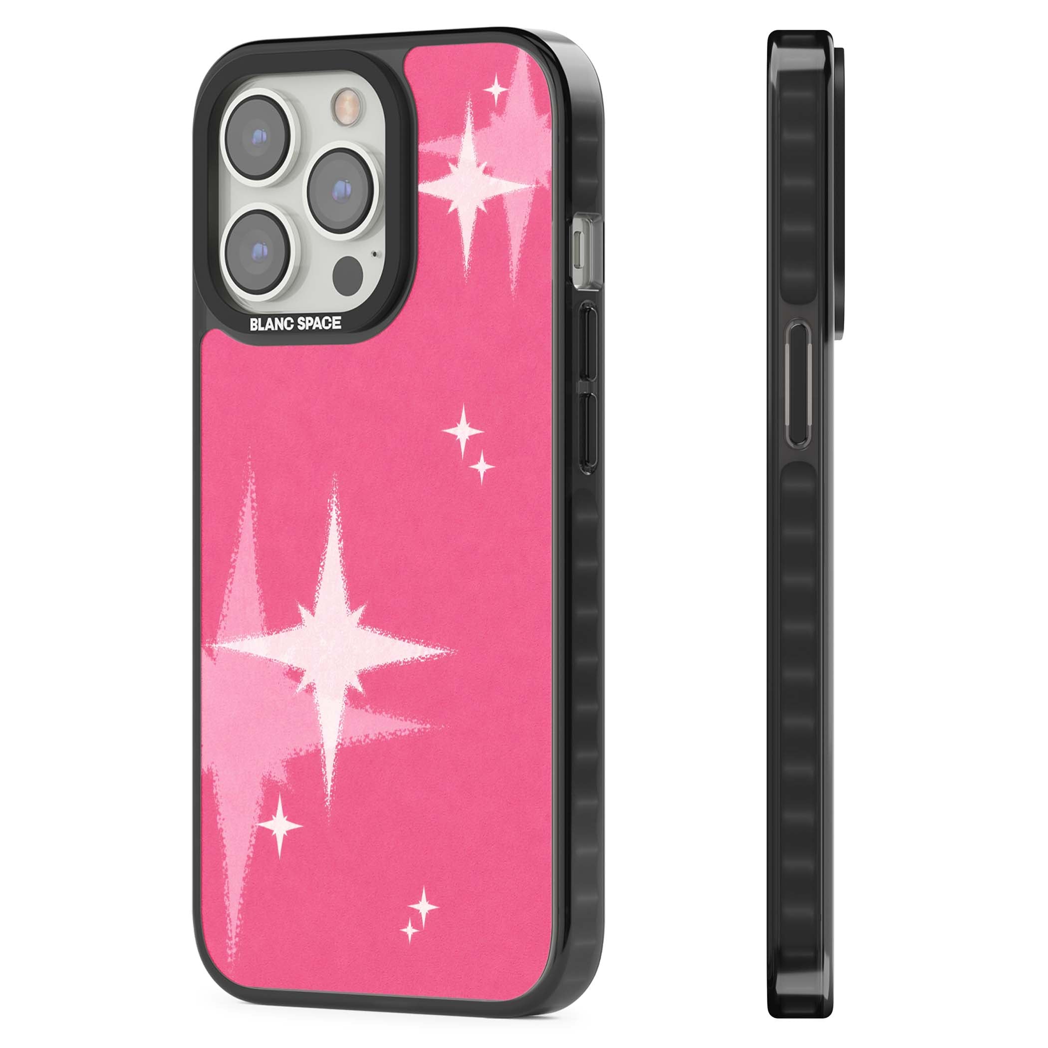 Pink Sparkle Y2K iPhone case featuring hot pink background with shimmering white starburst pattern | Black Impact Magsafe case for iPhone 13 Pro, iPhone 14 Pro, iPhone 15 Pro