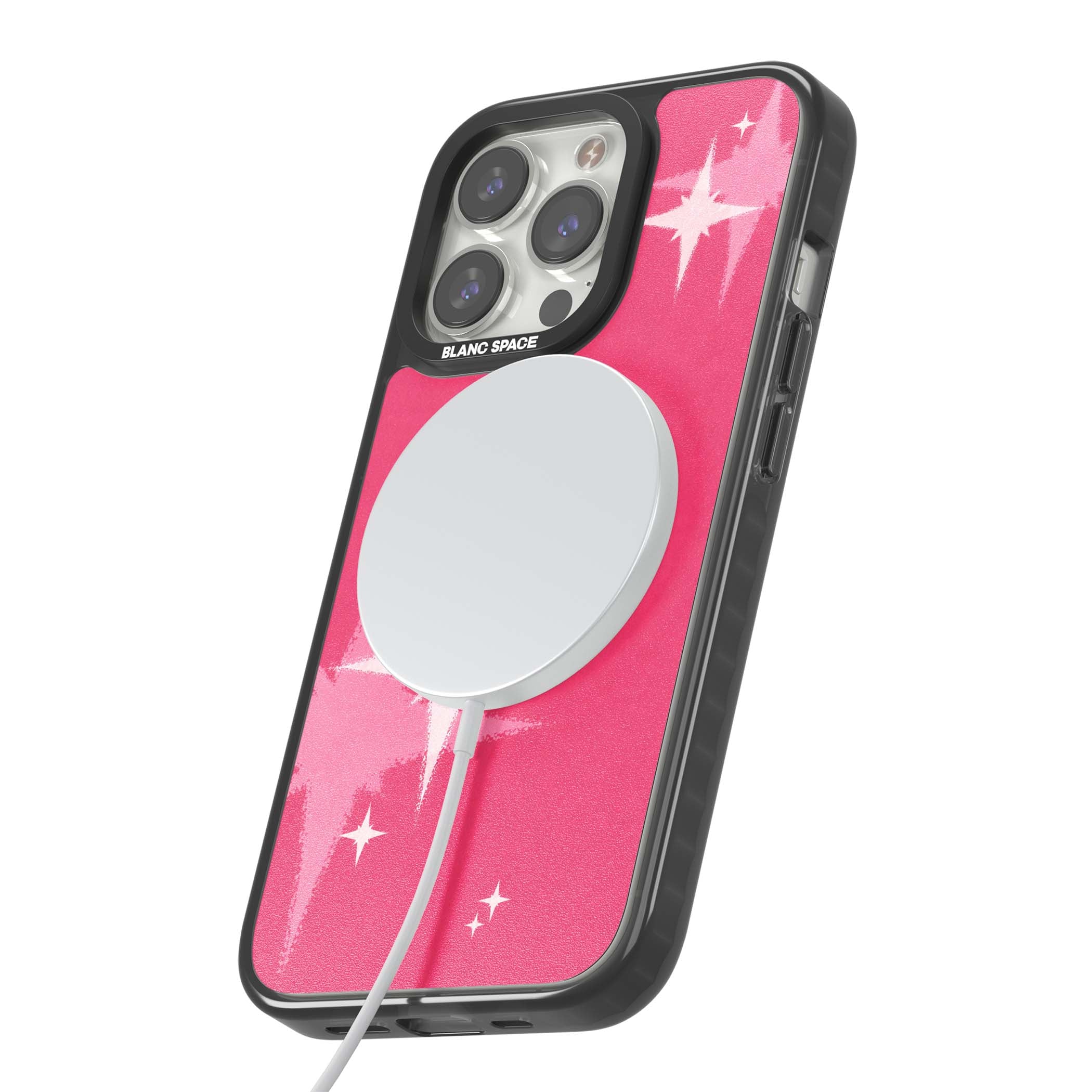 Pink Sparkle Y2K iPhone case featuring hot pink background with shimmering white starburst pattern | Black Impact Magsafe case for iPhone 13 Pro, iPhone 14 Pro, iPhone 15 Pro