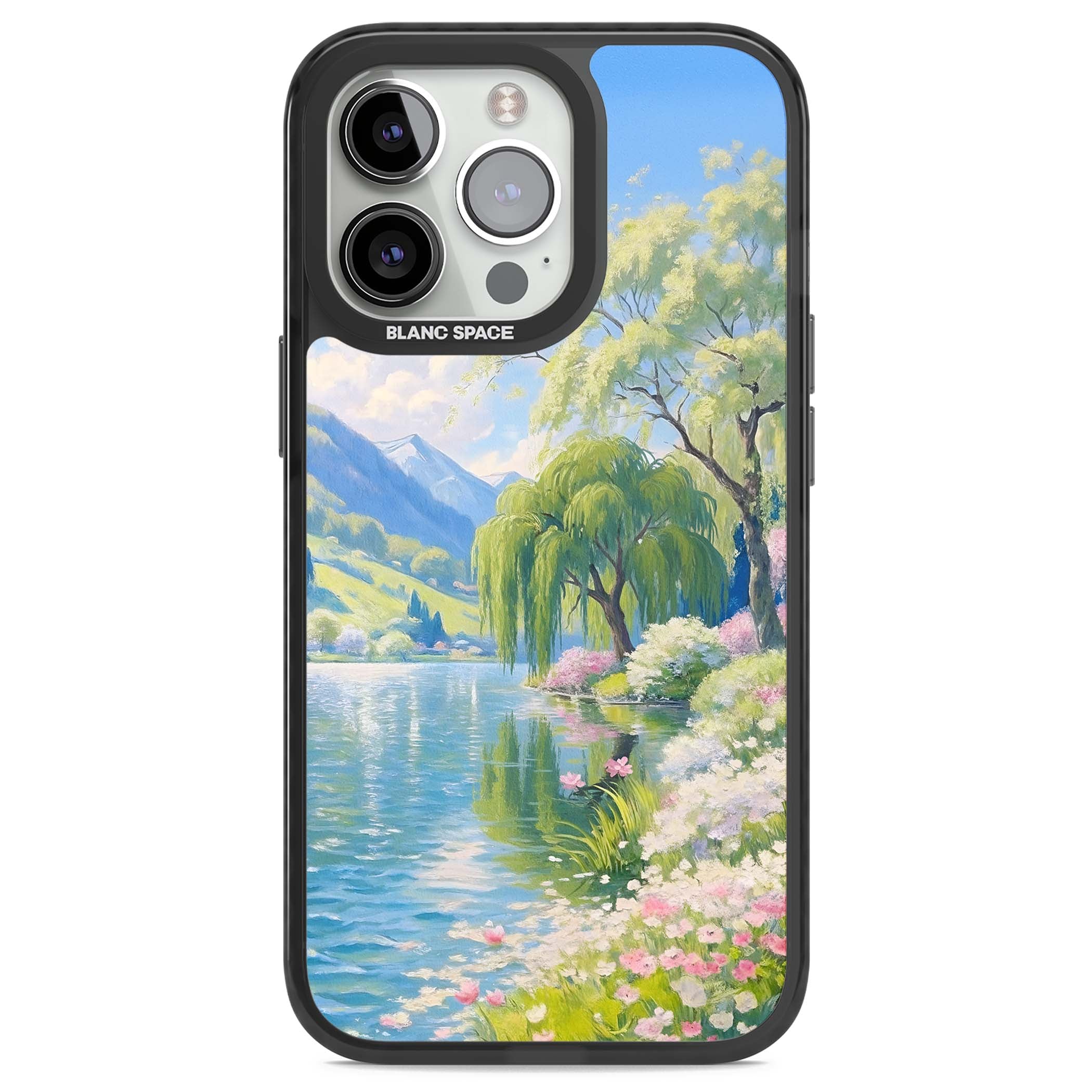 Willow Lake cottagecore iPhone case featuring a painted lakeside with weeping willow, blossoms and distant mountains | Black Impact Magsafe case for iPhone 13 Pro, iPhone 14 Pro, iPhone 15 Pro