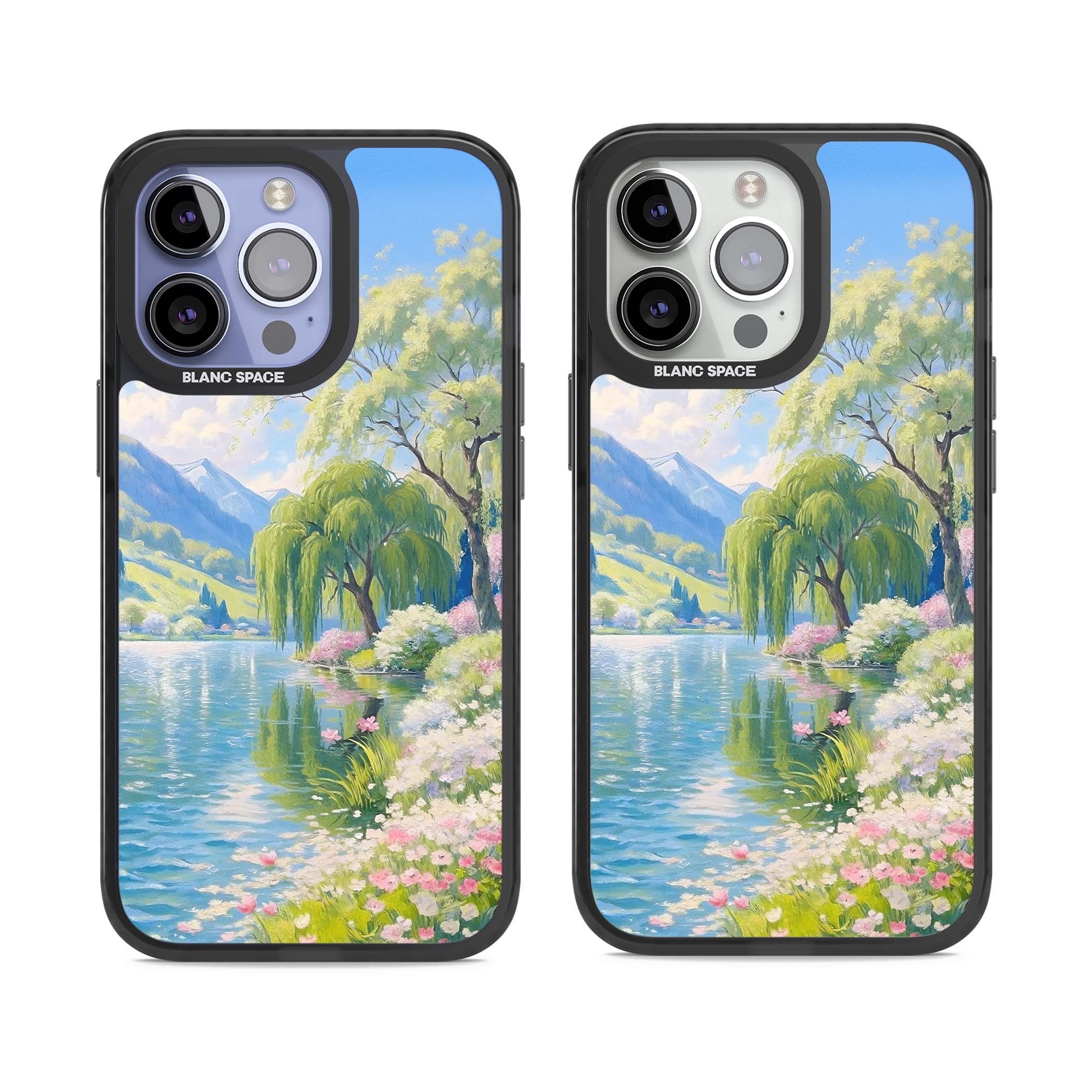 Willow Lake cottagecore iPhone case featuring a painted lakeside with weeping willow, blossoms and distant mountains | Black Impact Magsafe case for iPhone 13 Pro, iPhone 14 Pro, iPhone 15 Pro