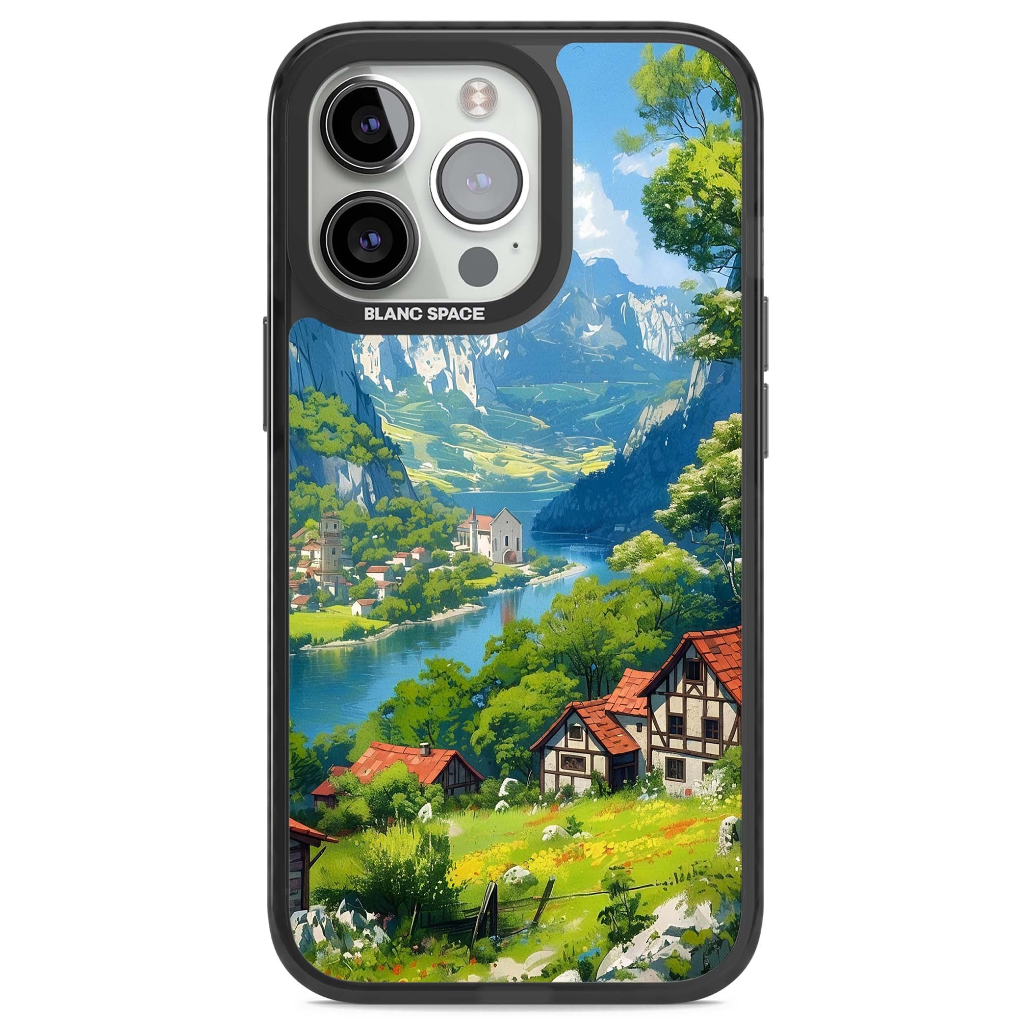 Village In The Valley anime iPhone case featuring a painted mountain village, river valley and half-timbered cottages. | Black Impact Magsafe case for iPhone 13 Pro, iPhone 14 Pro, iPhone 15 Pro