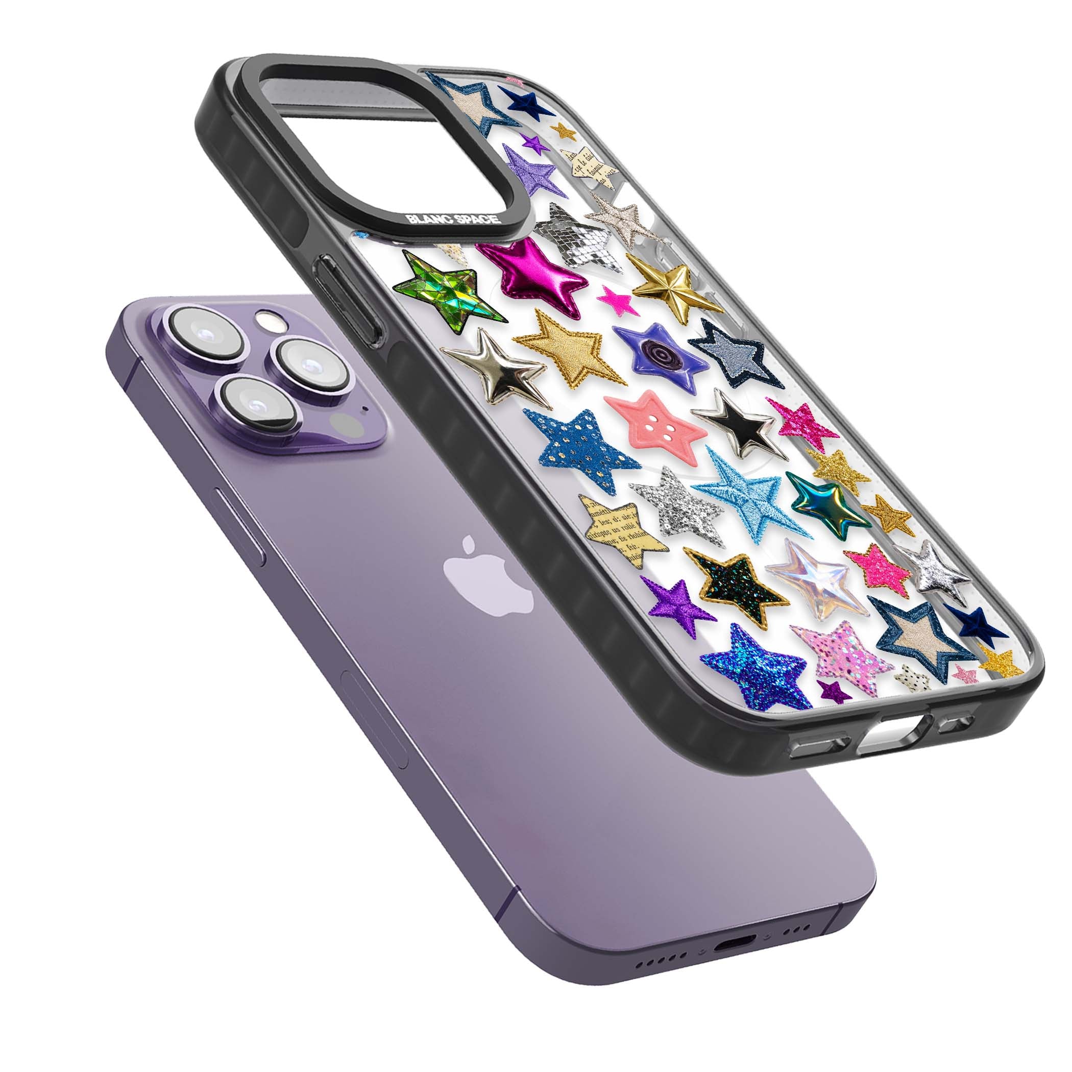 Crafty Star Mix Y2K iPhone case featuring embroidered, sequinned and glitter star patches in rainbow colours | Black Impact Magsafe case for iPhone 13 Pro, iPhone 14 Pro, iPhone 15 Pro