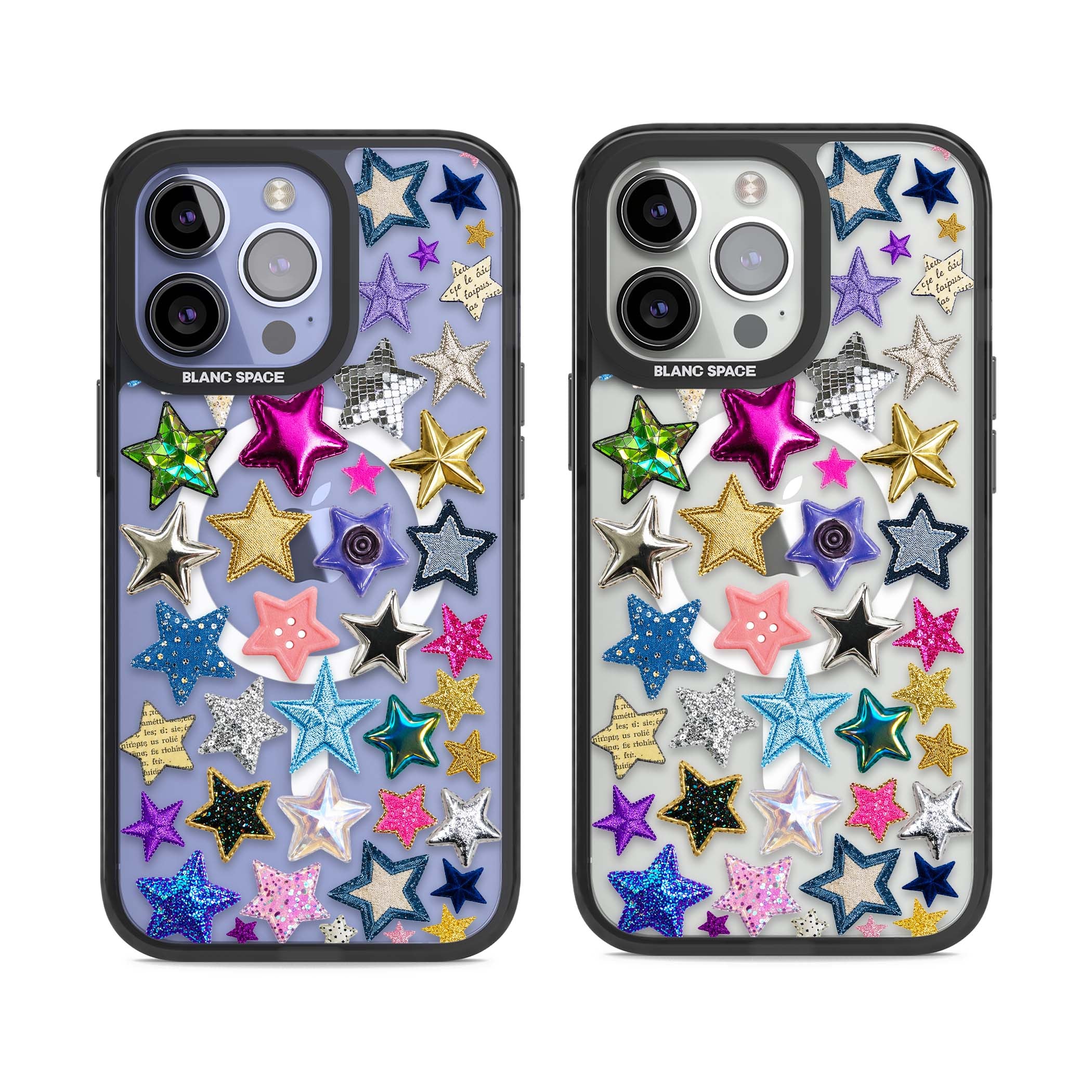 Crafty Star Mix Y2K iPhone case featuring embroidered, sequinned and glitter star patches in rainbow colours | Black Impact Magsafe case for iPhone 13 Pro, iPhone 14 Pro, iPhone 15 Pro