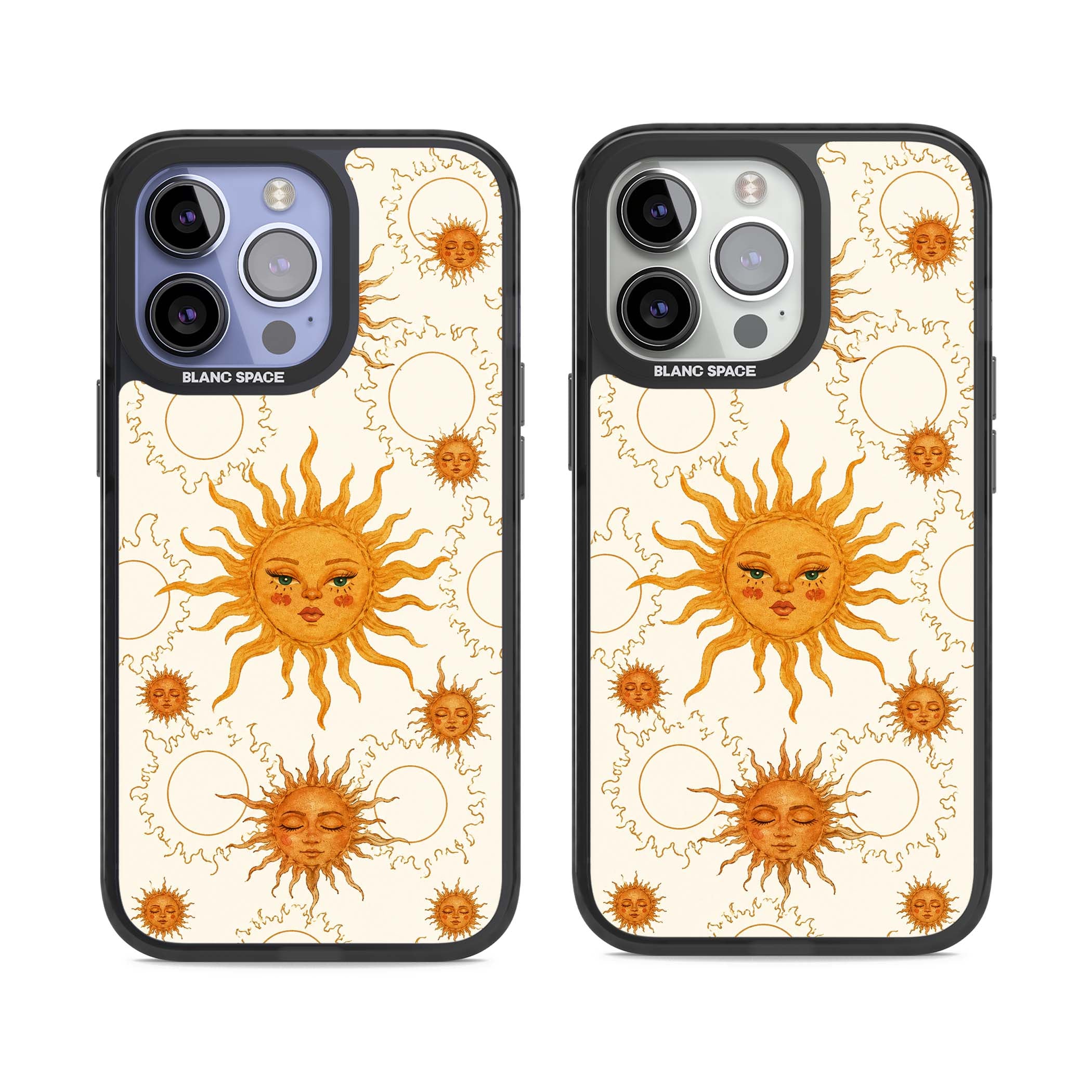 Solstice Muse celestial iPhone case featuring hand-painted golden sun faces, closed-eye sun goddesses and outlined moons... | Black Impact Magsafe case for iPhone 13 Pro, iPhone 14 Pro, iPhone 15 Pro