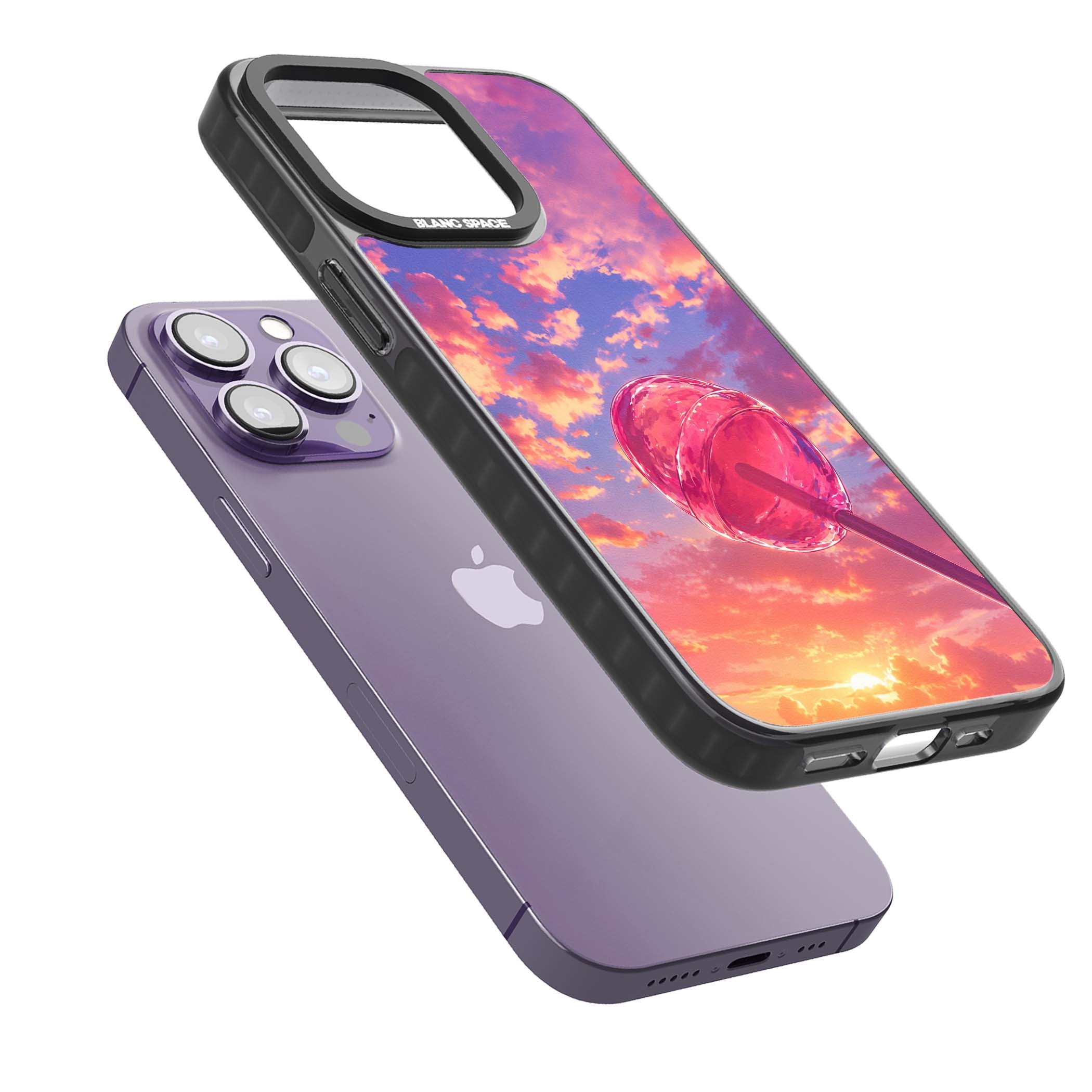 Sugar Sunset candy aesthetic iPhone case featuring a pink lollipop, pastel sunset sky and dreamy clouds | Black Impact Magsafe case for iPhone 13 Pro, iPhone 14 Pro, iPhone 15 Pro