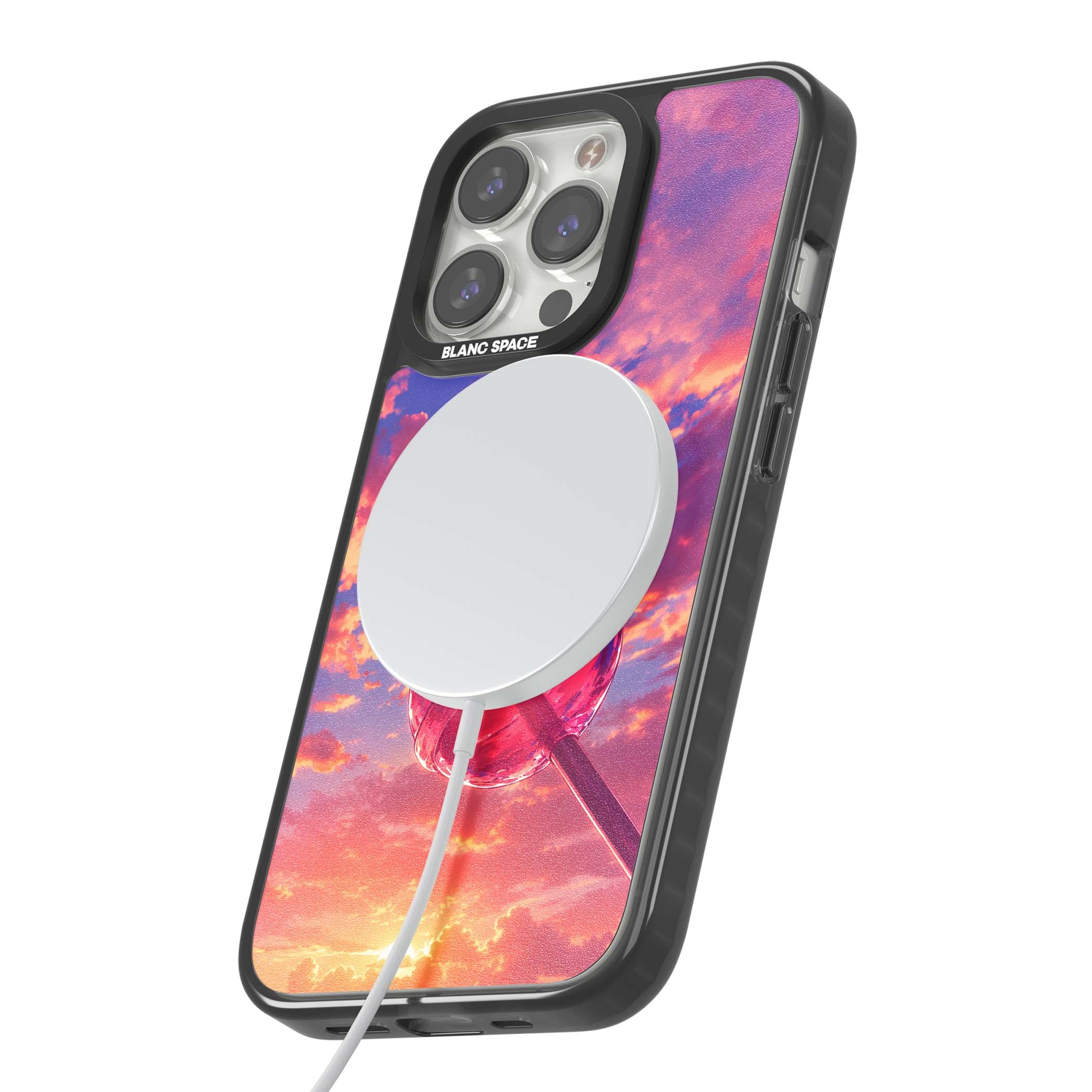 Sugar Sunset candy aesthetic iPhone case featuring a pink lollipop, pastel sunset sky and dreamy clouds | Black Impact Magsafe case for iPhone 13 Pro, iPhone 14 Pro, iPhone 15 Pro