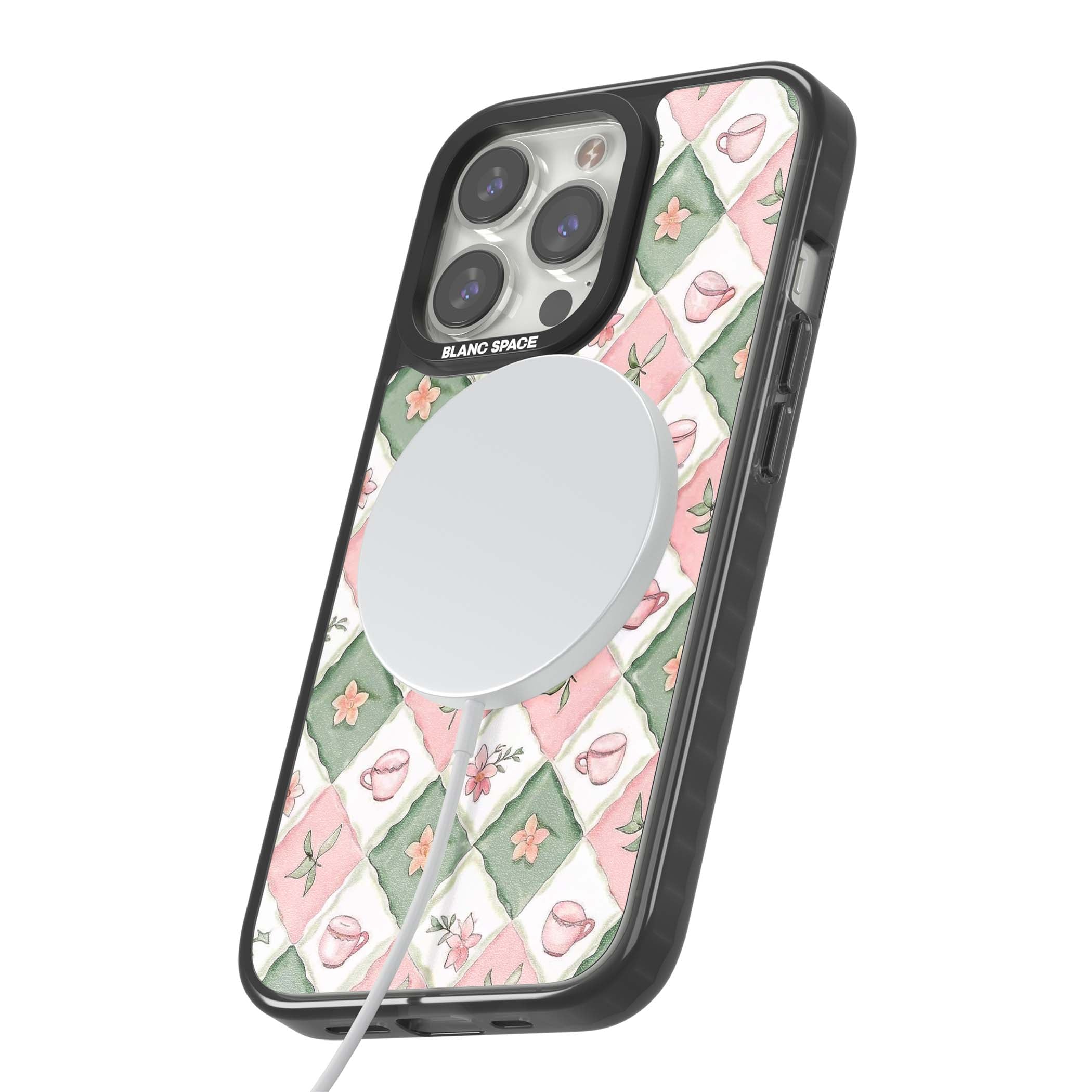 Garden Tea Party coquette iPhone case with pink and green checkered pattern, watercolour teacups and wildflowers | Black Impact Magsafe case for iPhone 13 Pro, iPhone 14 Pro, iPhone 15 Pro