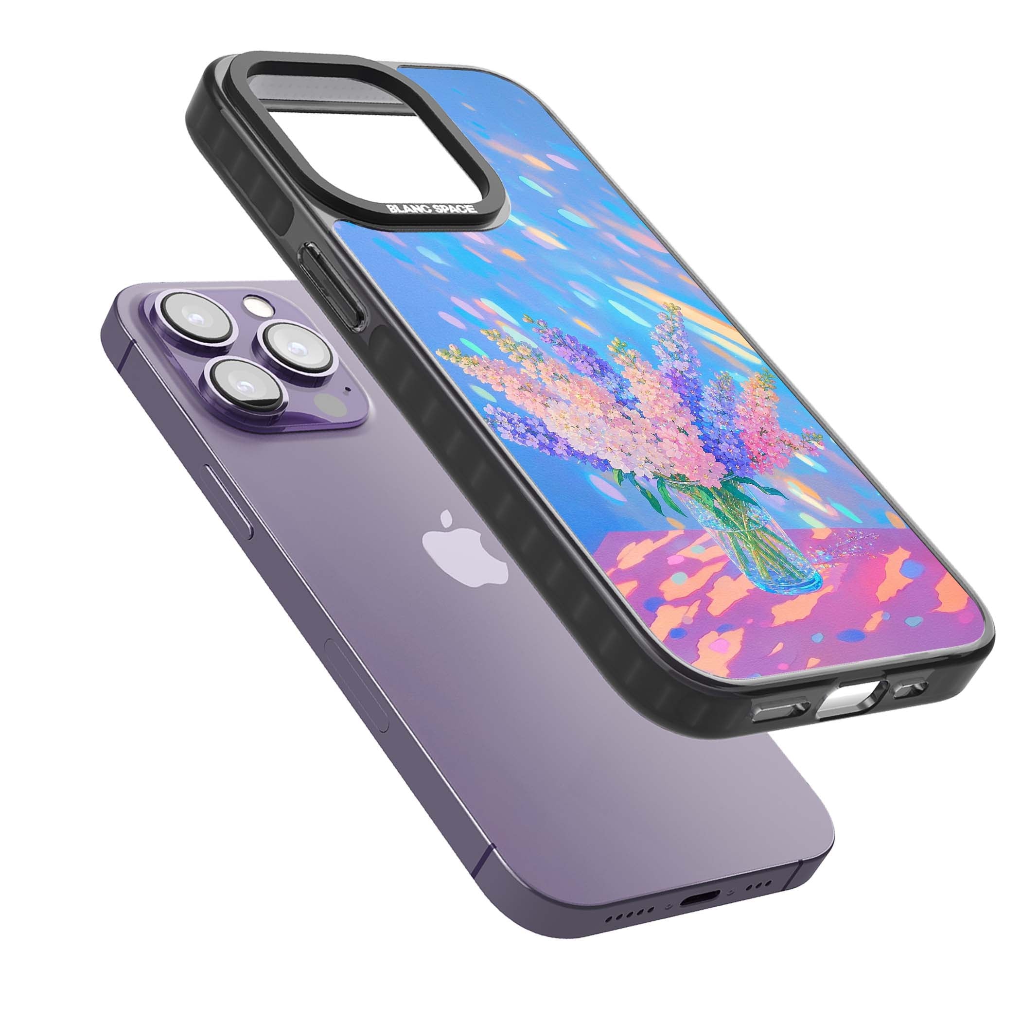 Bubblegum Flowers floral iPhone case featuring pastel lilac and pink bouquet in a glass vase with iridescent light | Black Impact Magsafe case for iPhone 13 Pro, iPhone 14 Pro, iPhone 15 Pro