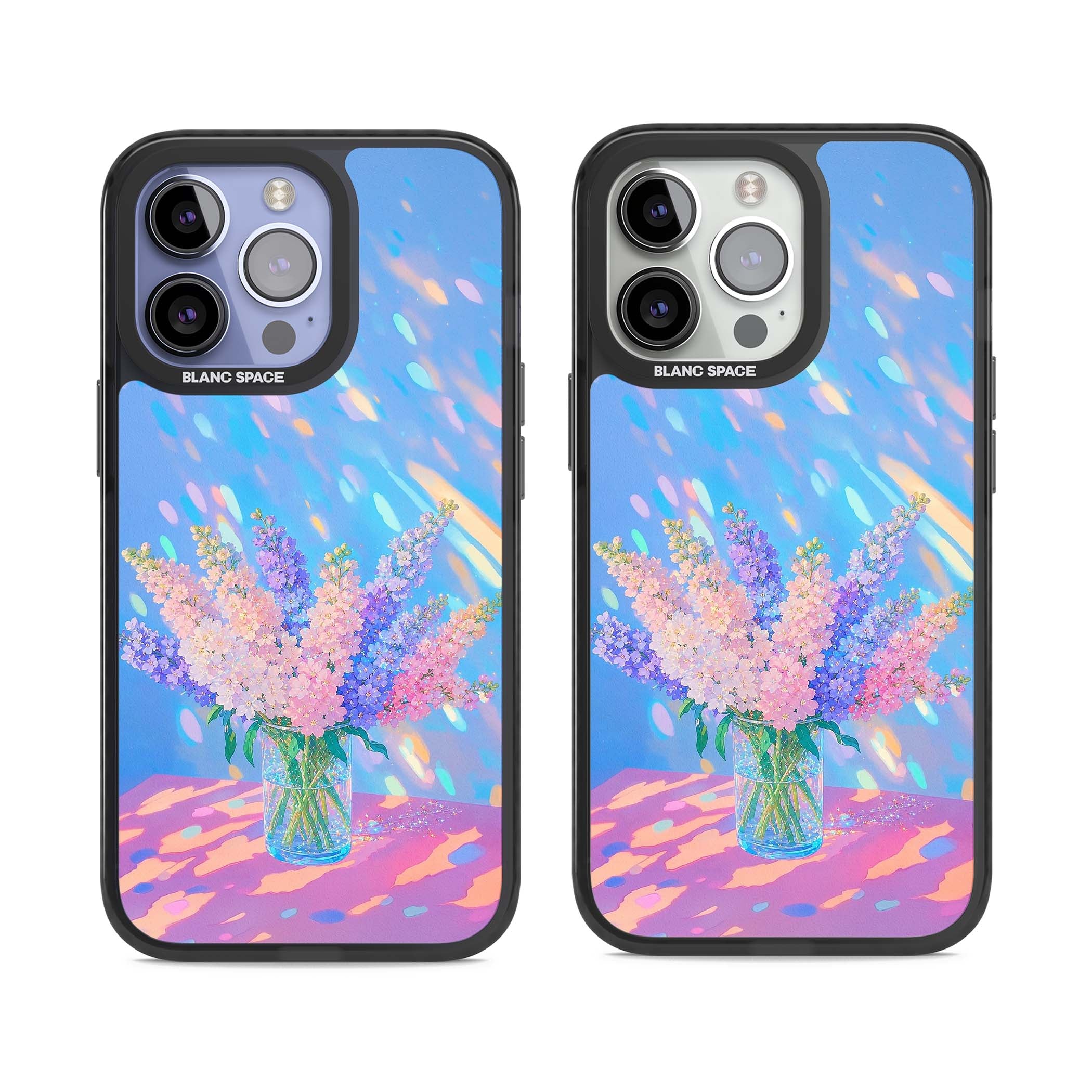 Bubblegum Flowers floral iPhone case featuring pastel lilac and pink bouquet in a glass vase with iridescent light | Black Impact Magsafe case for iPhone 13 Pro, iPhone 14 Pro, iPhone 15 Pro