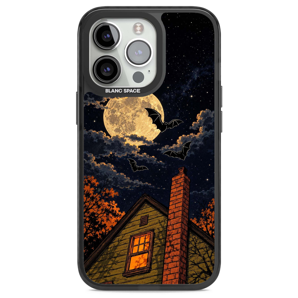 Hollows Eve Halloween iPhone case featuring a haunted house, full moon and flying bats against a starry autumn sky | Black Impact case for iPhone 13 Pro, iPhone 14 Pro, iPhone 15 Pro