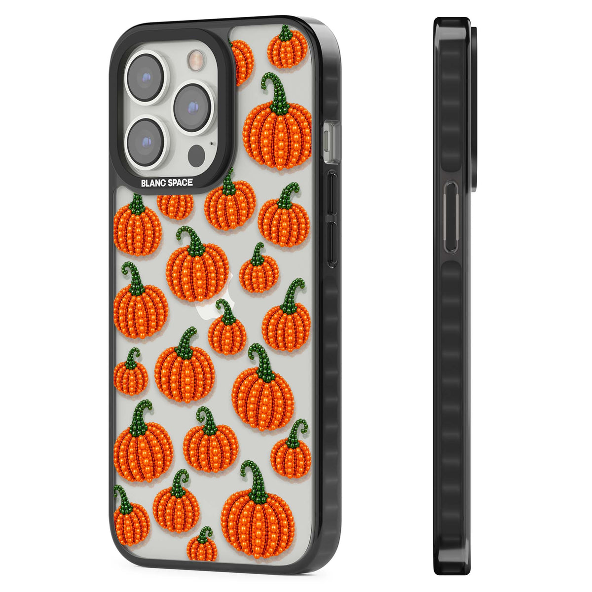 Beaded Pumpkins halloween iPhone case featuring beaded orange pumpkins with green stems on a clear background | Black Impact case for iPhone 13 Pro, iPhone 14 Pro, iPhone 15 Pro