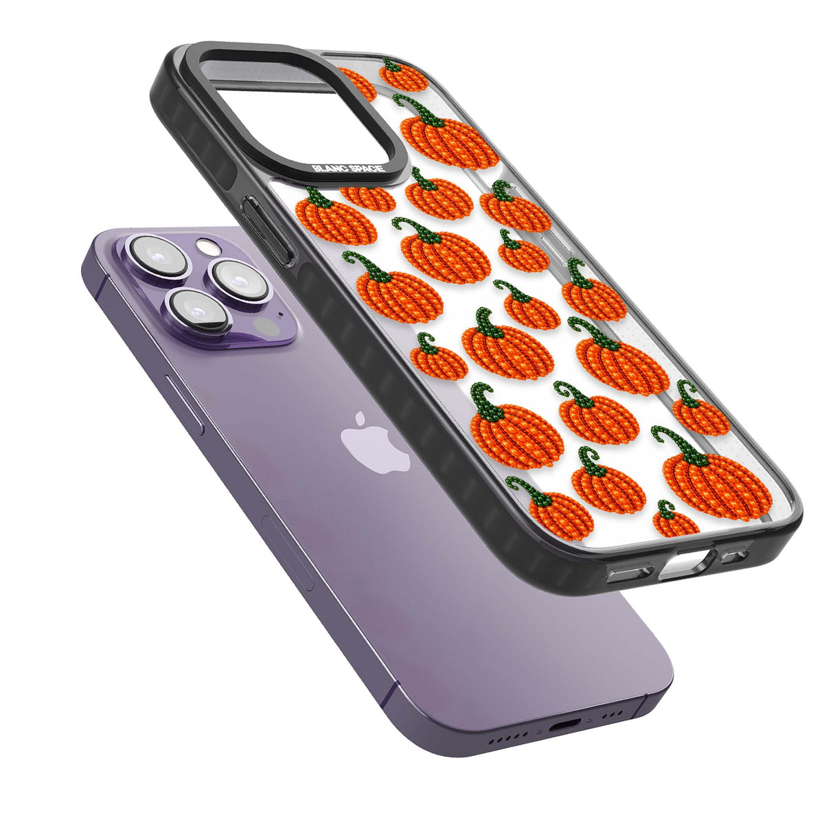 Beaded Pumpkins halloween iPhone case featuring beaded orange pumpkins with green stems on a clear background | Black Impact case for iPhone 13 Pro, iPhone 14 Pro, iPhone 15 Pro