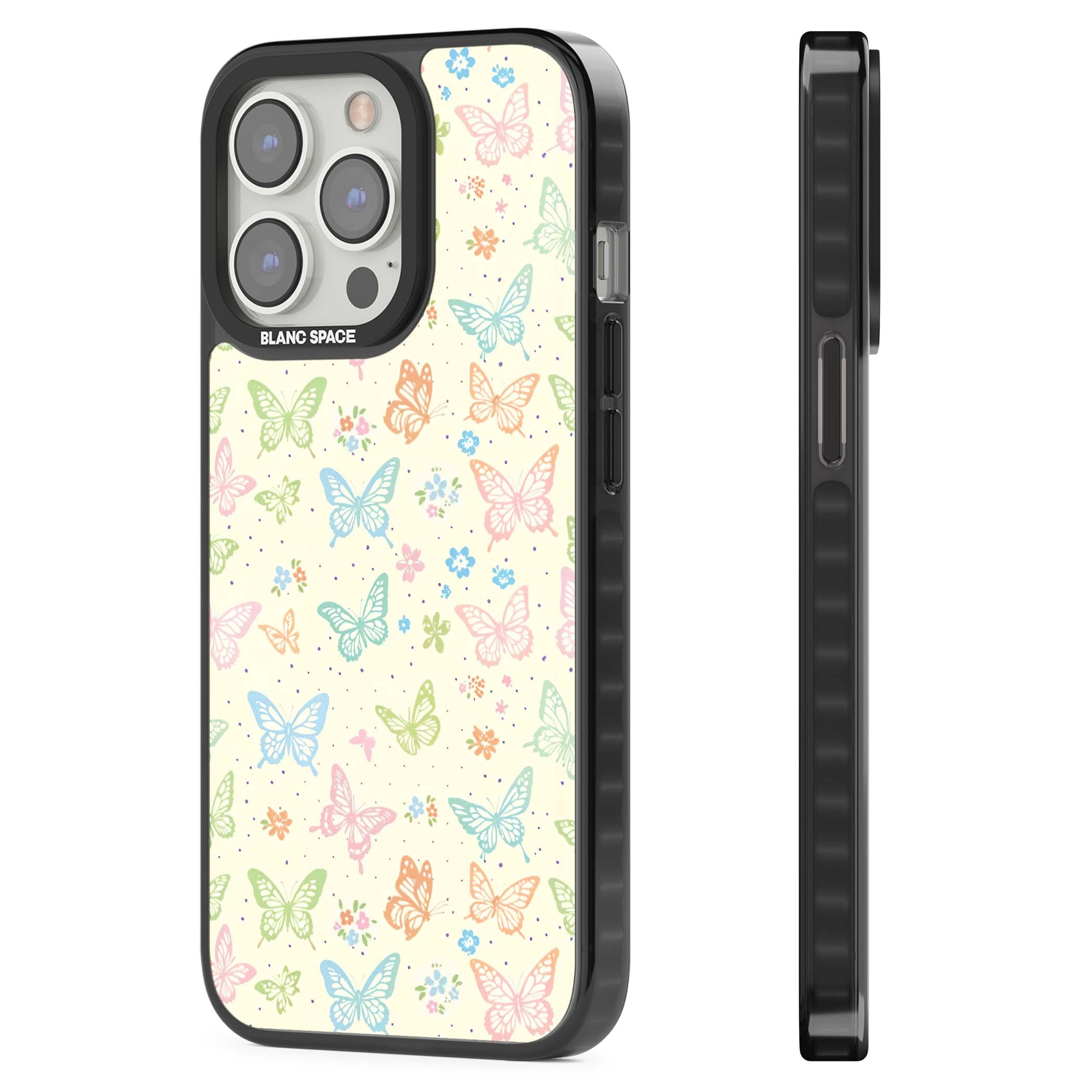 Sugar Wings cottagecore iPhone case featuring rainbow pastel butterflies, tiny wildflowers, and a cream background | Black Impact case for iPhone 13 Pro, iPhone 14 Pro, iPhone 15 Pro