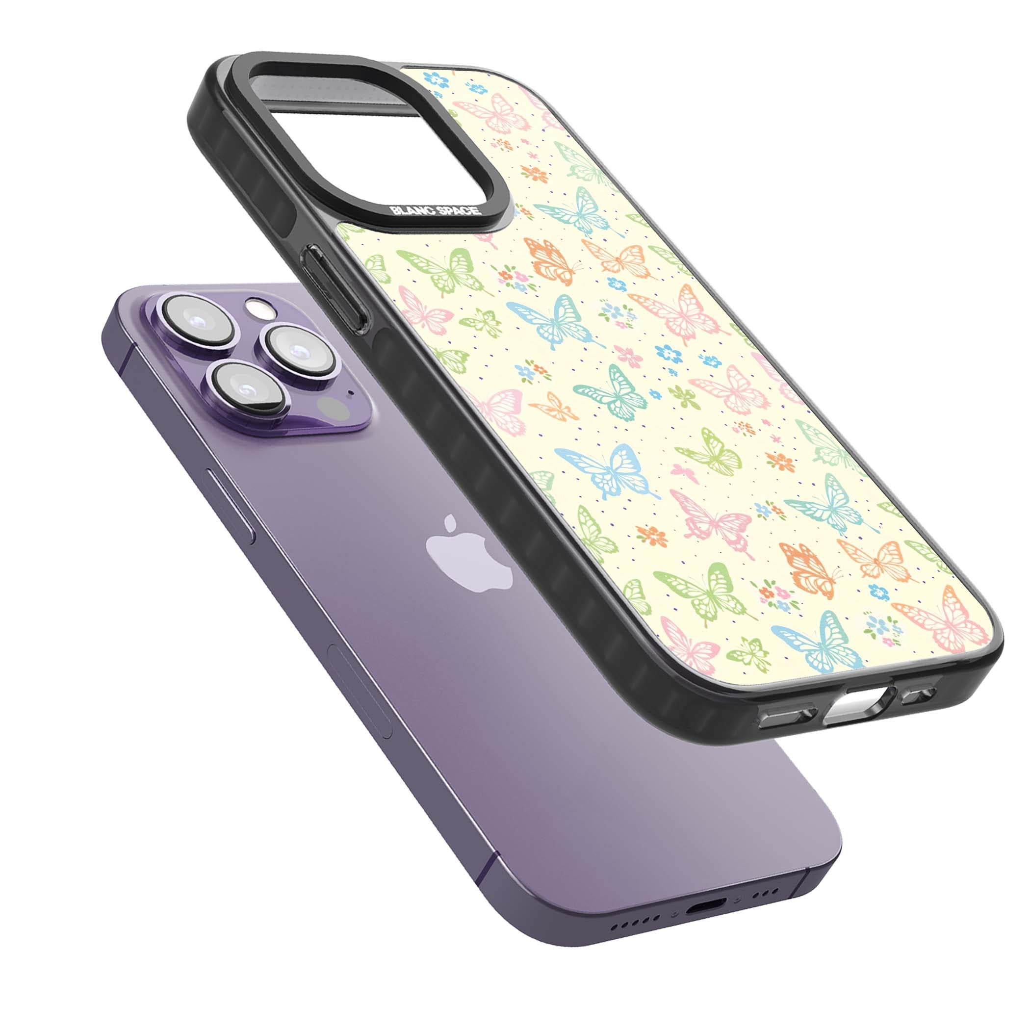 Sugar Wings cottagecore iPhone case featuring rainbow pastel butterflies, tiny wildflowers, and a cream background | Black Impact case for iPhone 13 Pro, iPhone 14 Pro, iPhone 15 Pro