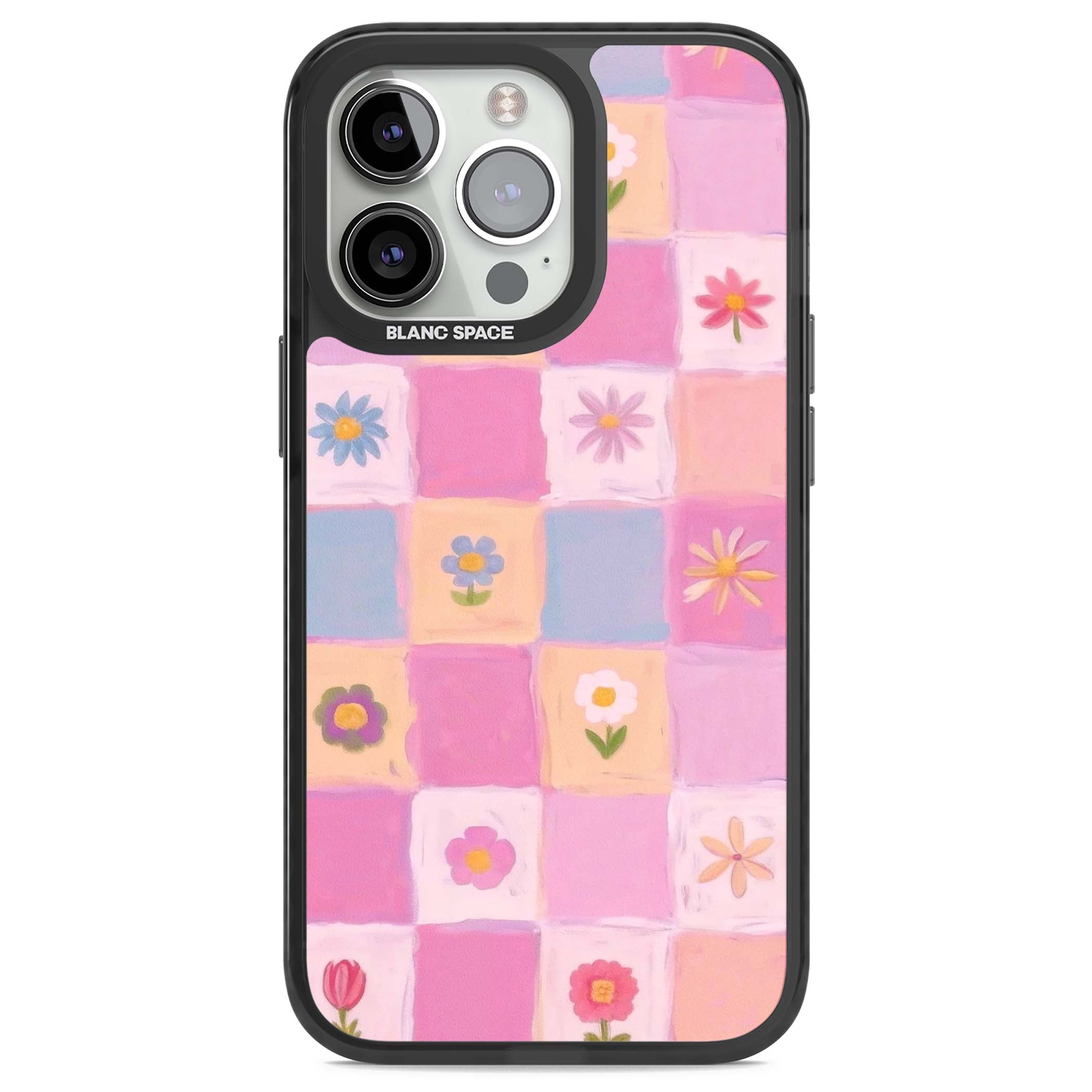 Pastel Flower Patchwork cottagecore iPhone case featuring painted pink and lilac squares with daisies and wildflowers | Black Impact case for iPhone 13 Pro, iPhone 14 Pro, iPhone 15 Pro