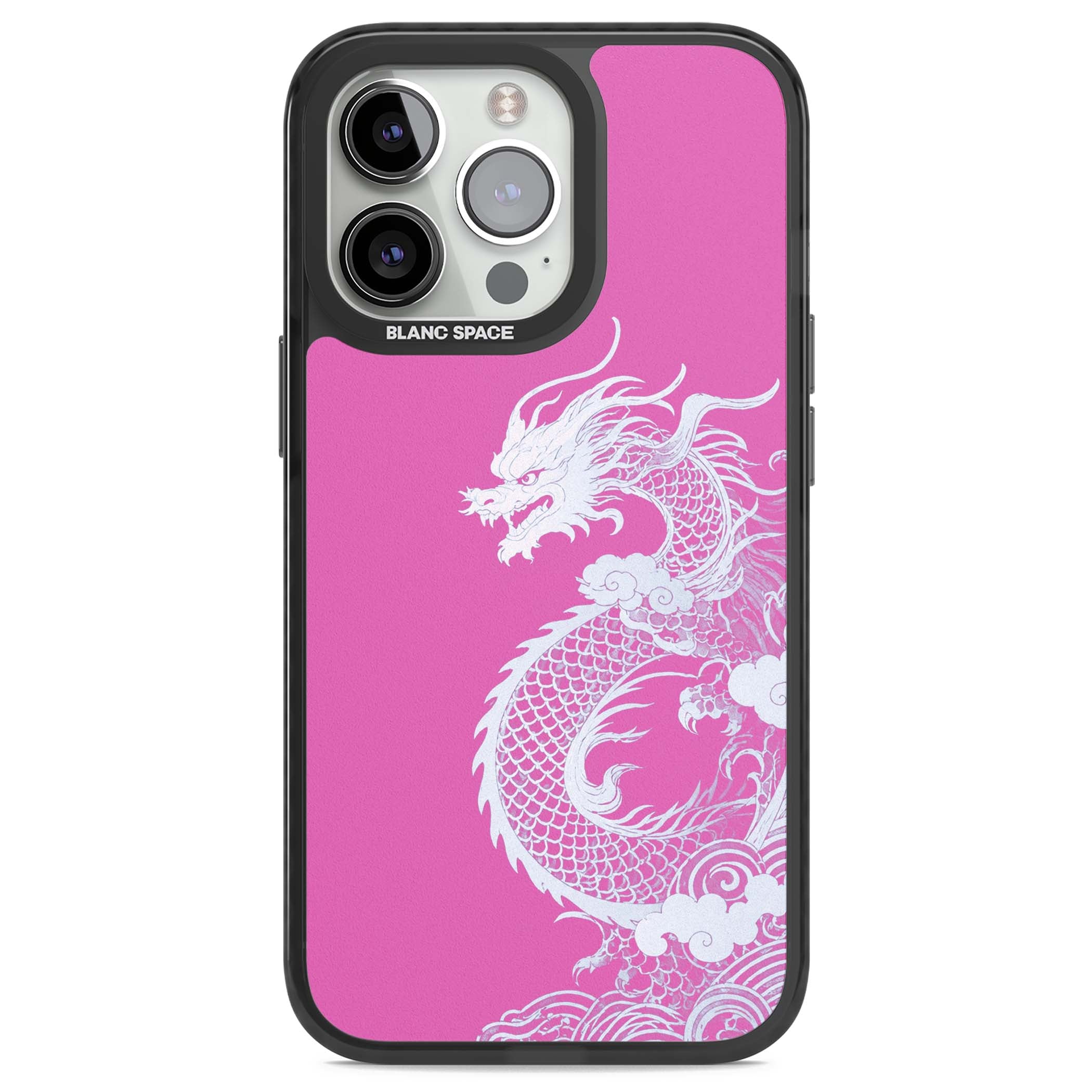 Pink Empress chinese dragon iPhone case featuring a white dragon, swirling clouds and pink dragon wallpaper backdrop | Black Impact case for iPhone 13 Pro, iPhone 14 Pro, iPhone 15 Pro
