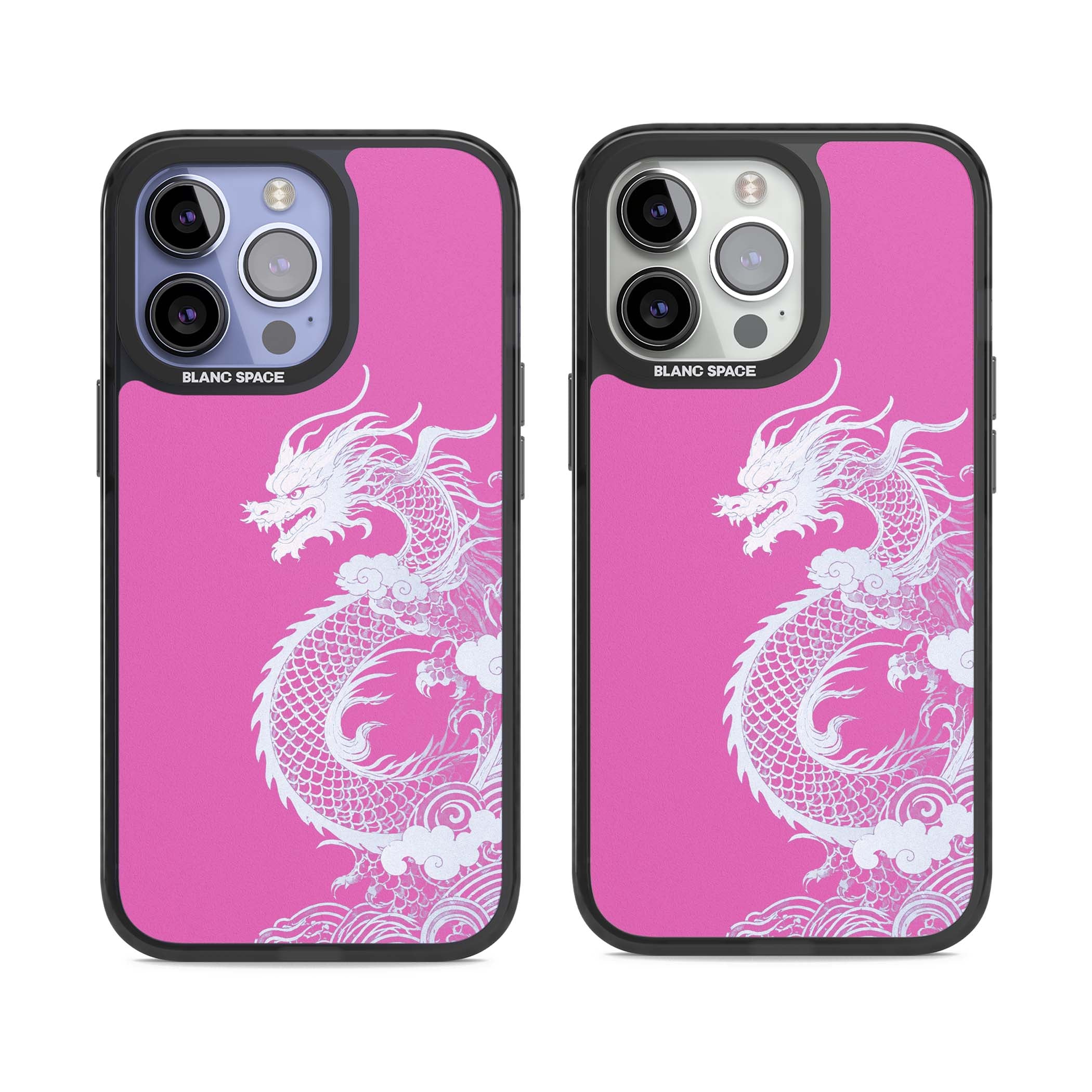 Pink Empress chinese dragon iPhone case featuring a white dragon, swirling clouds and pink dragon wallpaper backdrop | Black Impact case for iPhone 13 Pro, iPhone 14 Pro, iPhone 15 Pro