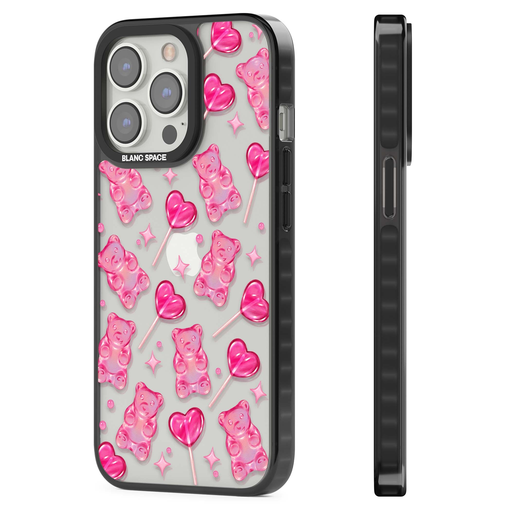 Pink Sugar pinkcore iPhone case featuring pink gummy bears, heart-shaped lollipops and sparkle stars | Black Impact case for iPhone 13 Pro, iPhone 14 Pro, iPhone 15 Pro