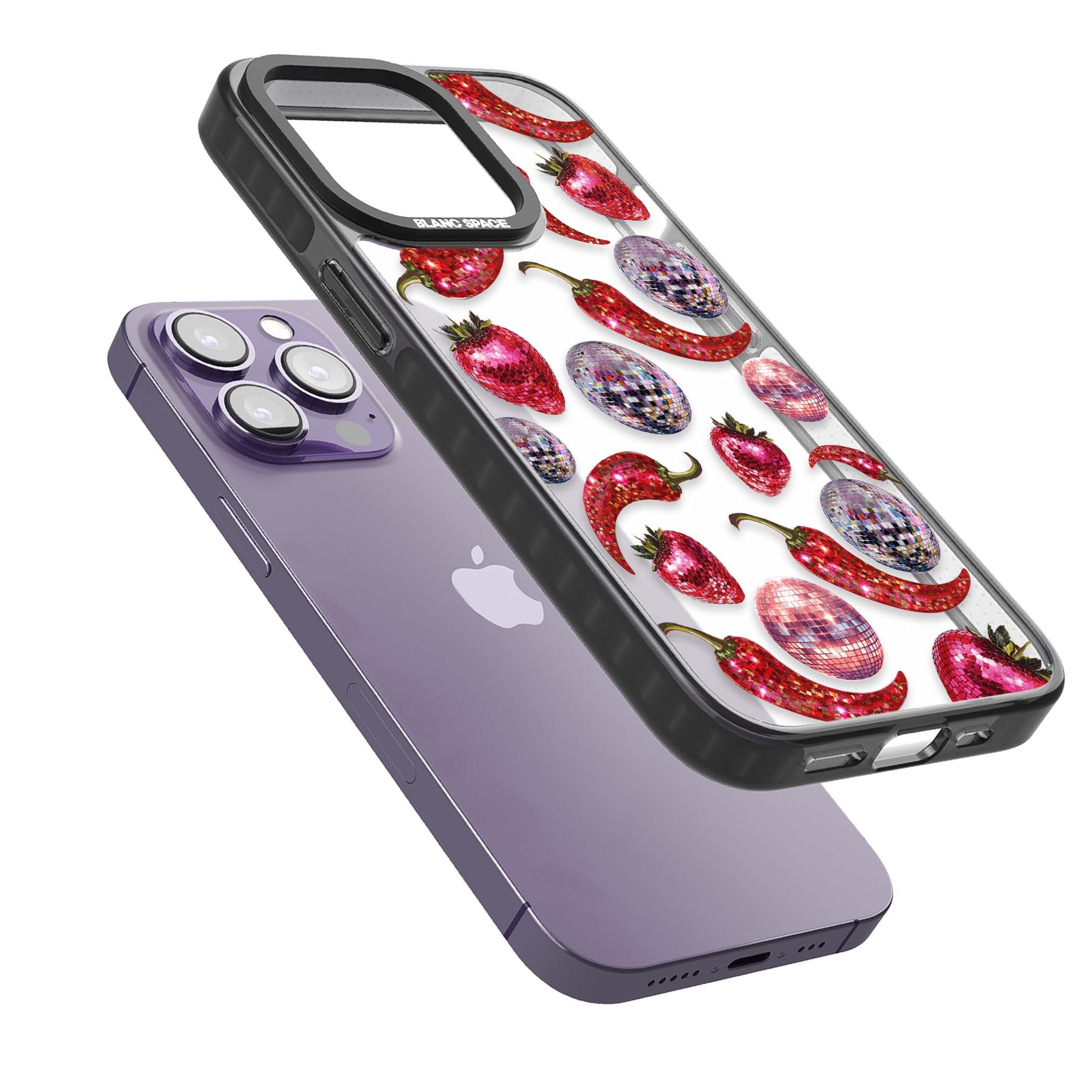 Spicy Disco Y2K iPhone case featuring glitter disco balls, sparkly strawberries and red chilli peppers | Black Impact case for iPhone 13 Pro, iPhone 14 Pro, iPhone 15 Pro