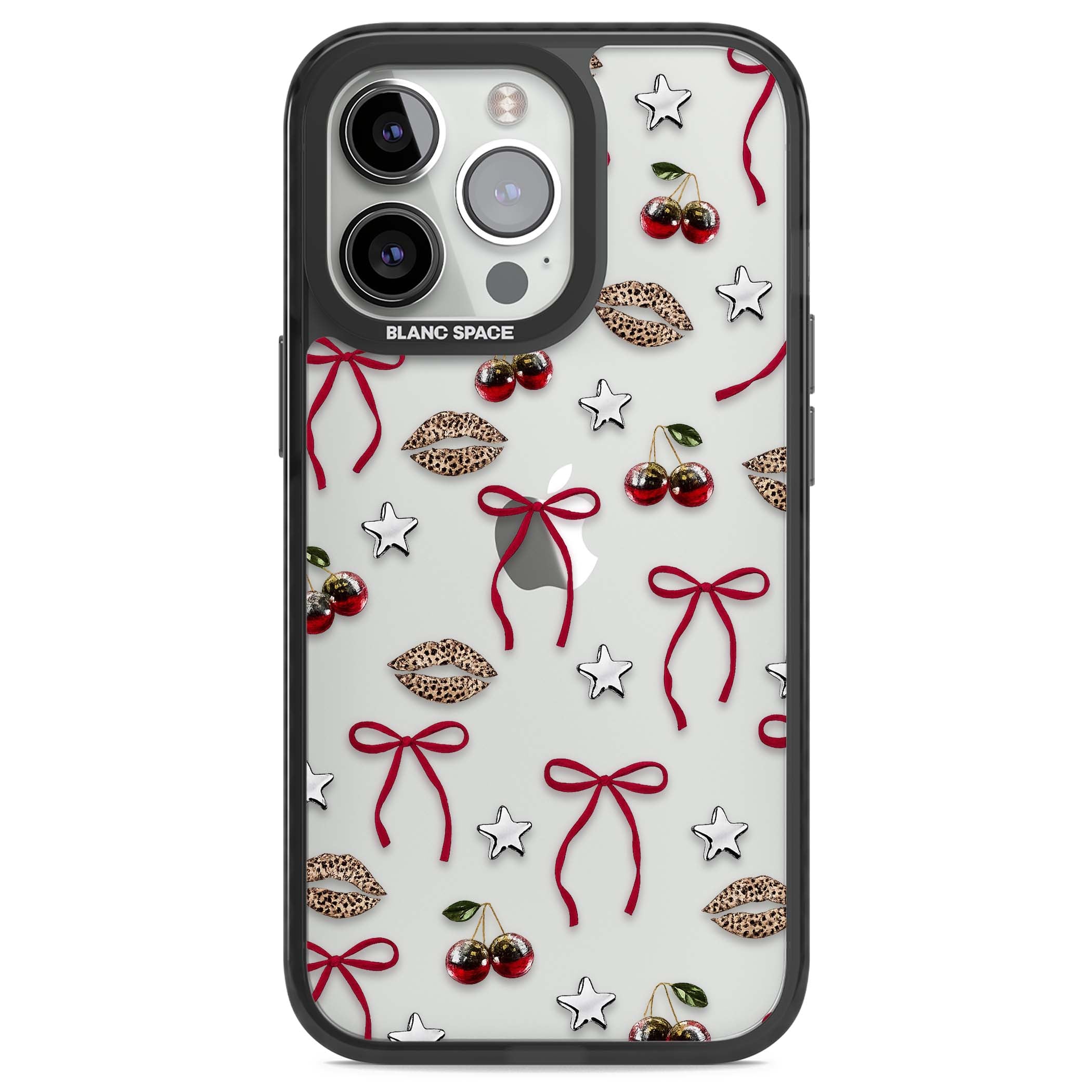 Starlet coquette iPhone case featuring red ribbon bows, disco cherries and leopard-print lips | Black Impact case for iPhone 13 Pro, iPhone 14 Pro, iPhone 15 Pro