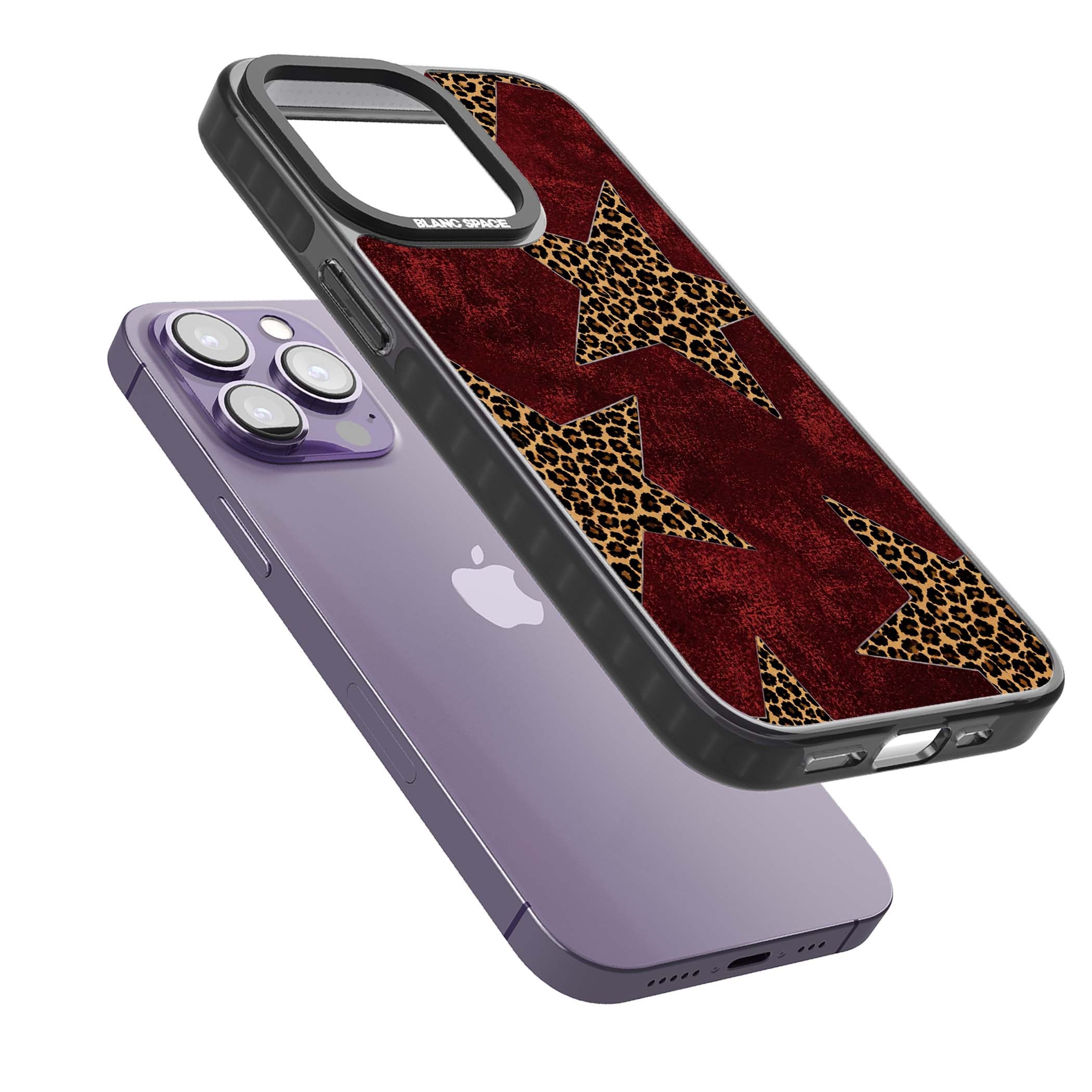 Showgirl leopard print iPhone case featuring cheetah print stars on distressed red grunge background | Black Impact case for iPhone 13 Pro, iPhone 14 Pro, iPhone 15 Pro