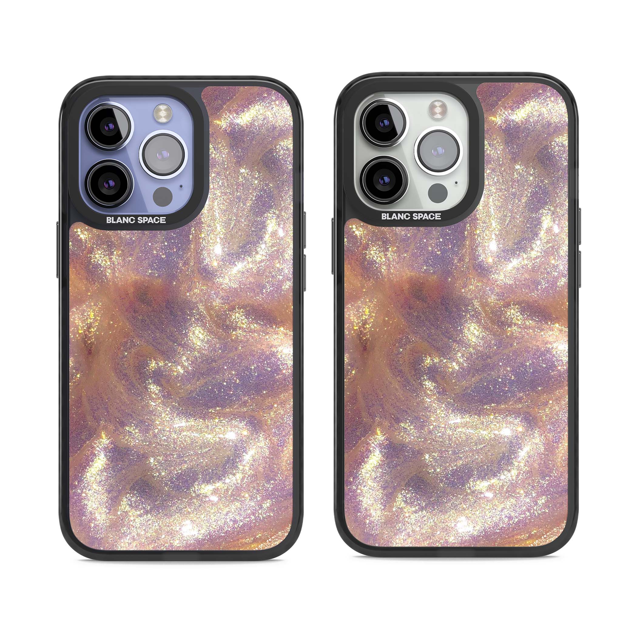 Shimmer marble iPhone case featuring rose gold glitter swirls, lilac shimmer and iridescent pearl finish | Black Impact case for iPhone 13 Pro, iPhone 14 Pro, iPhone 15 Pro