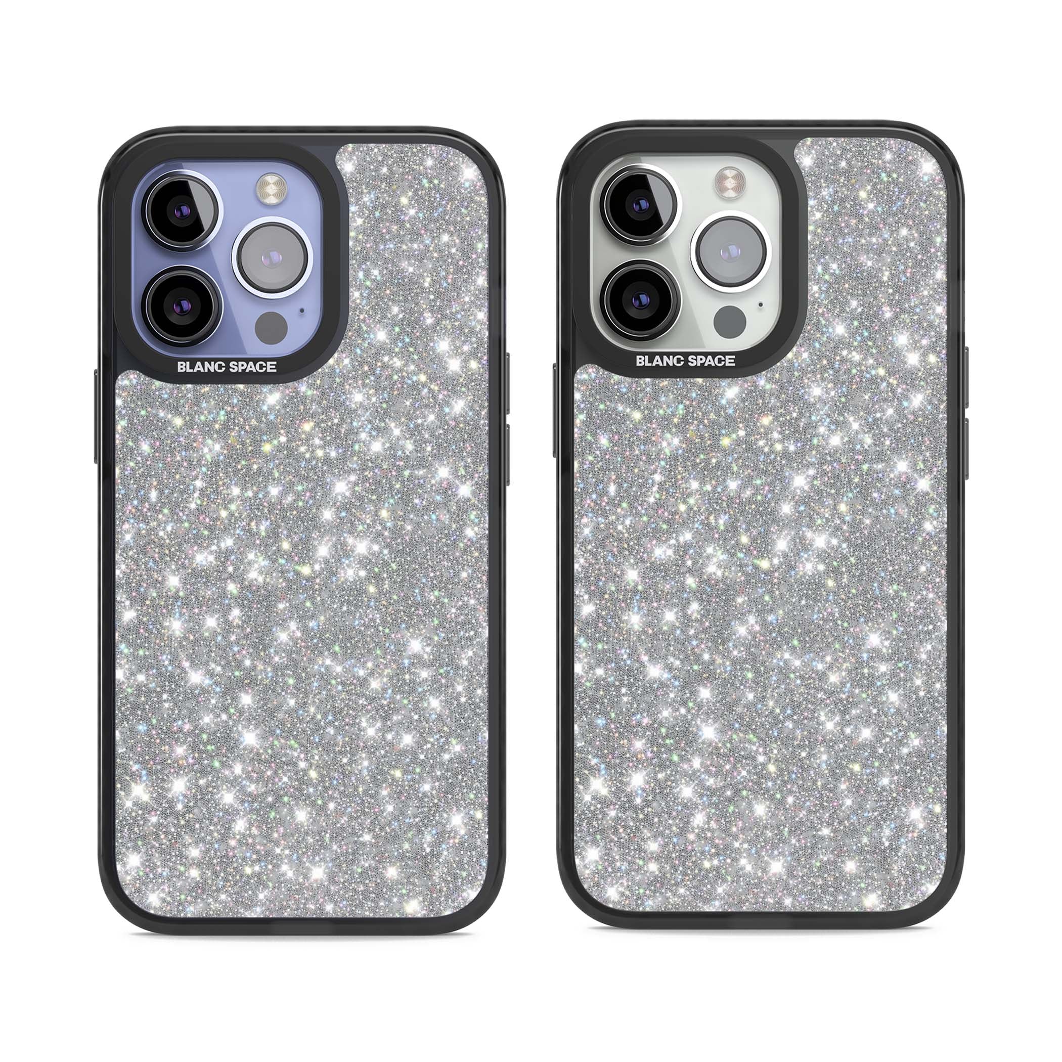 Diamond glam iPhone case featuring silver glitter sparkle and shimmering diamond dust effect | Black Impact case for iPhone 13 Pro, iPhone 14 Pro, iPhone 15 Pro