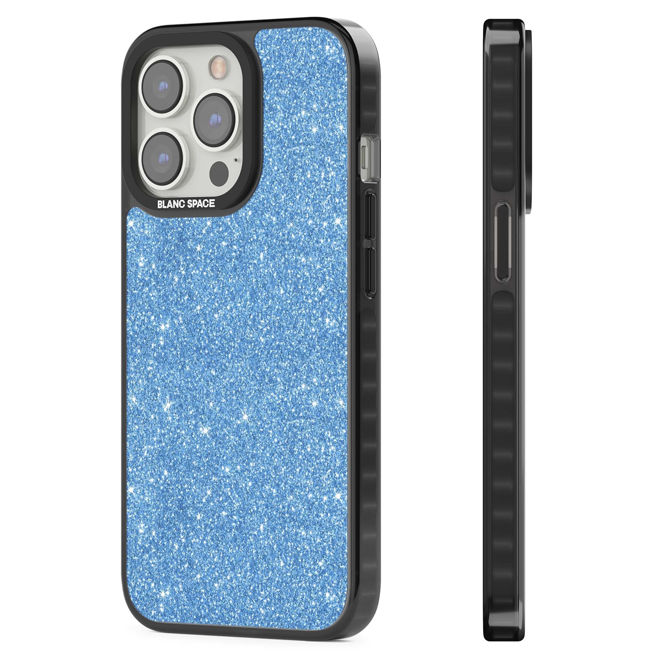 Blue Glitter blue glitter iPhone case featuring dense sparkling cerulean glitter with a glamorous shimmering finish | Black Impact case for iPhone 13 Pro, iPhone 14 Pro, iPhone 15 Pro